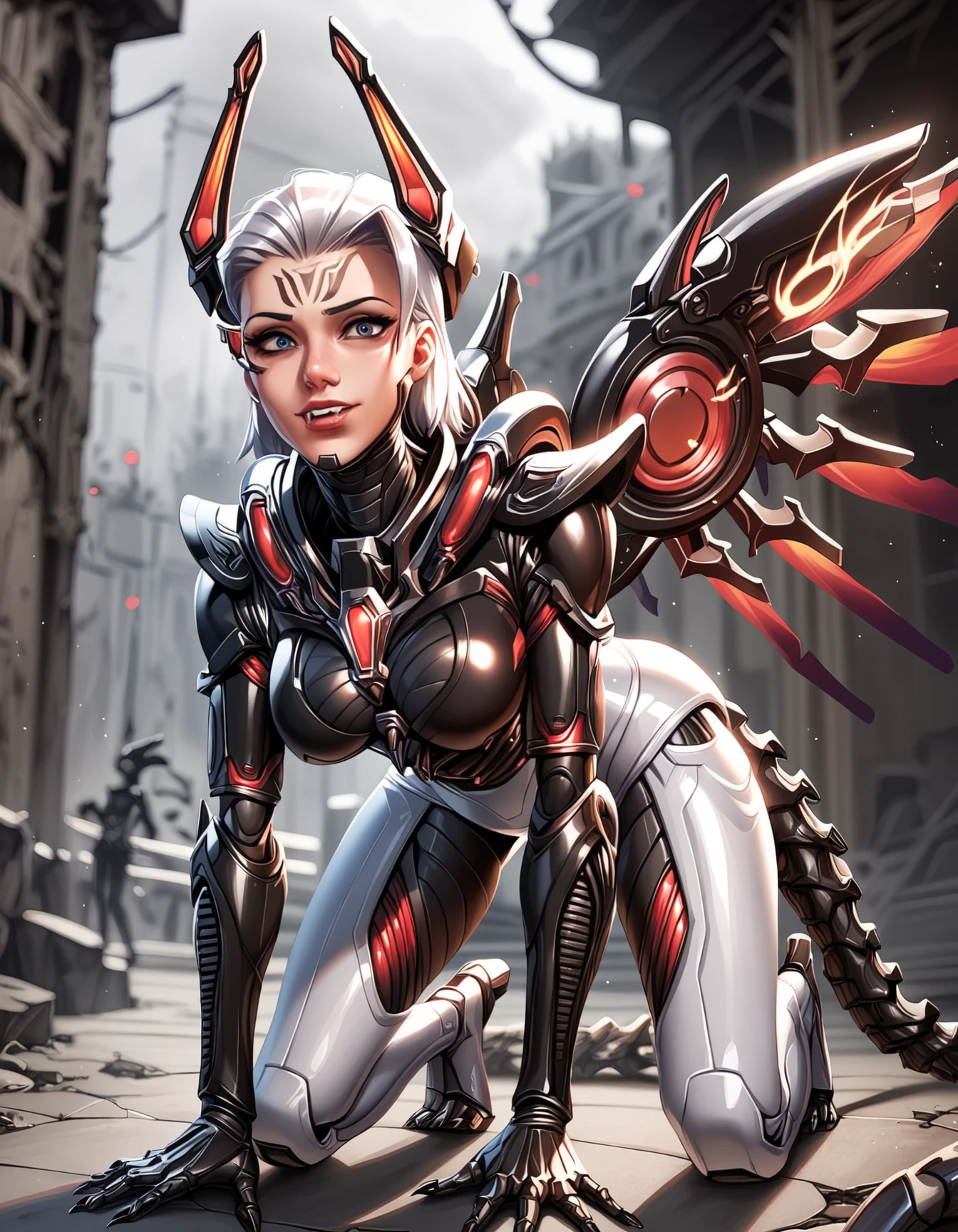 score_9, score_8_up, score_7_up, score_6_up, score_5_up, score_4_up,  
mercy, white armor, glowing wings,halo, semi realistic, alien,(xenomorph:1.3),fringe, sexy, shiny skin, shiny oiled skin, bodysuit, cowboy shot,  all fours, looking at the viewer,  city ruins, rain, neon lights, detailed background, post-apocalypse, buldings,