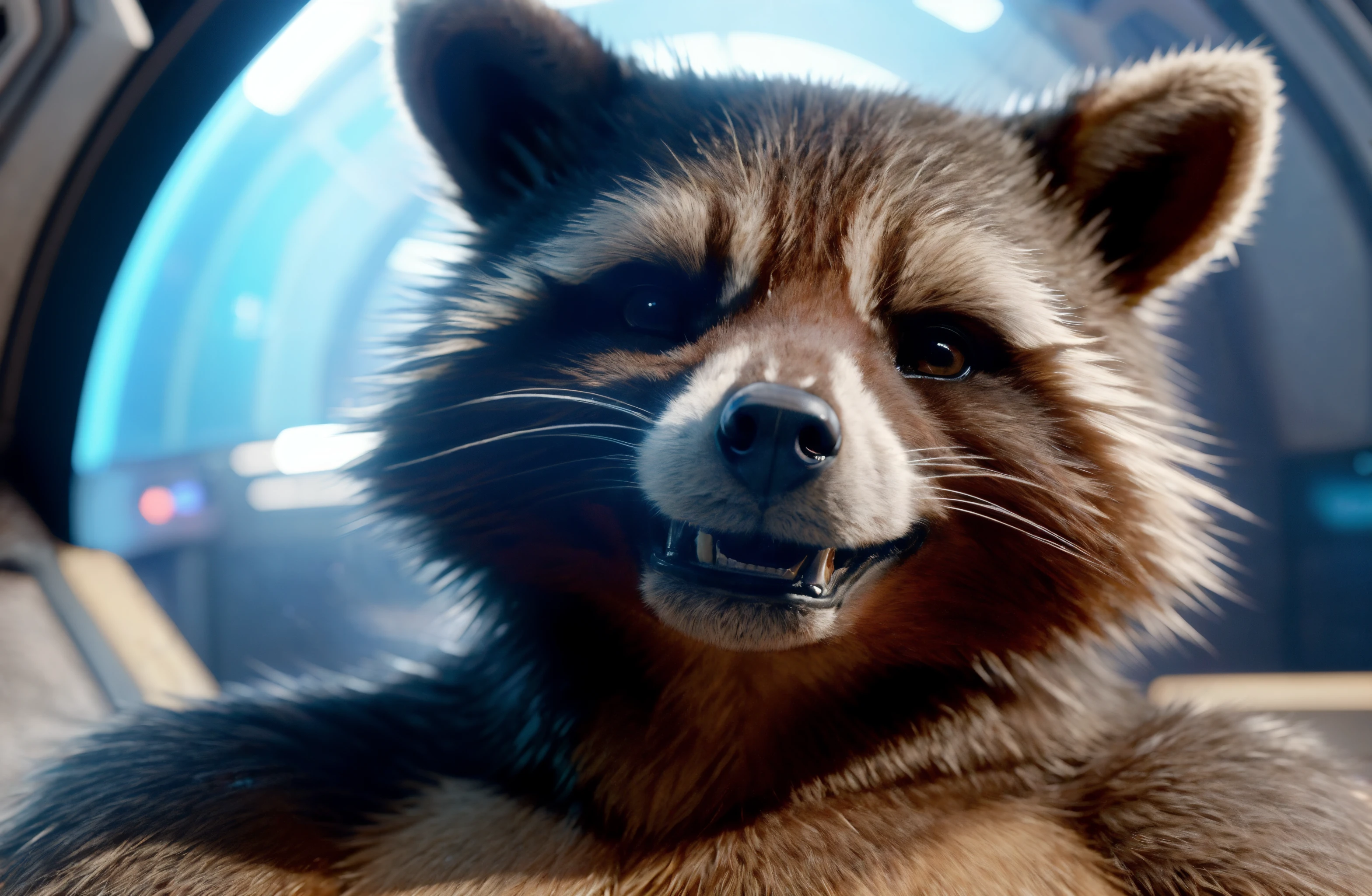 rocket raccoon, laying in a hammock, detailed fur, detailed background, spaceship interior background, (upper body portrait:1.3), athletic body, looking at viewer, detailed_background, (photorealism:0.8), detailed fur, subsurface scattering, real life, hyperrealistic, photo, 8k, highly detailed, (naked:1.3), happy, smiling <lora:Rocket Raccoon purrfectmerge:0.8>