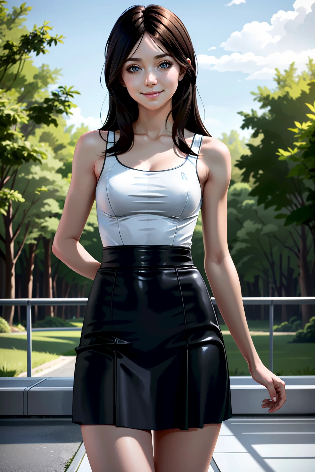 ((ultra detailed, masterpiece, absurdres))
<lora:MEDiana:0.8>
MEDiana, 1girl, long hair, brown hair, looking at viewer, smiling, blush, skirt lift, from_below, outside, trees, blue sky