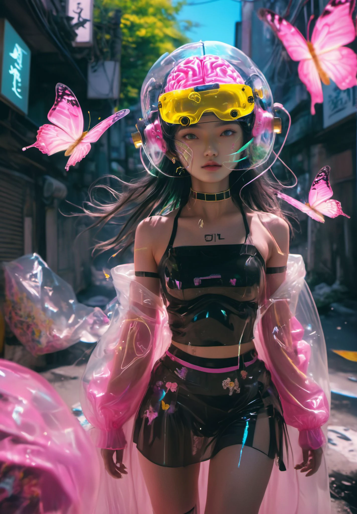 black silhouette of a girl,(long flowy hair),flowy skirt,green forest background,((dynamic pose)),((flowers)),((glowing butterflies)),night time,dark theme,starry sky,glowing hair,cinematic,vivid colors,((saturated neon colors)),perfect hands,anzhcdreamwave,aesthetic,Perfect Hands,aurora borealis,
XUER Liquid chromium brain,<lora:~Q?XL m`Y' XUER Liquid chromium brain:0.8>,(wide shot, wide-angle lens,Panoramic:1.2),super vista,super wide Angle,Low Angle shooting,super wide lens,
a full body photo of an asian Beautiful cyberpunk robot woman wearing light pink Fluorescent helmet with metal nails and golden Fluorescent goggles,he has his head in the shape of brain made from transparent plastic bag filled by liquid chrome,written on it,posted to reddit in 2018,