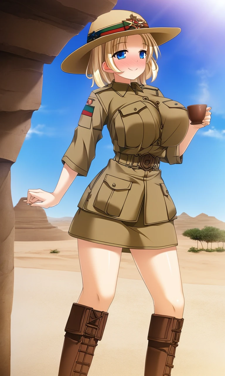 masterpiece,best quality,absurdres,high resolution,extremely detailed,game cg,1girl, africa desert, sunlight,  hot,  narrow waist, large breasts, blonde hair, blue eyes, smile, full-face blush , boots holding tea cup,ww1era,khaki uniform, slouch hat, cowboy hat,<lora:redcoatXLv1:0.9>,