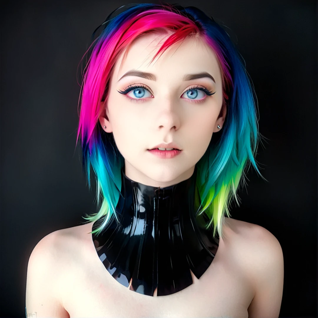 <lora:neckcorset_v2:0.75> pale skinned young emo goth girl with multicolored hair and blue eyes,, Masterpiece;highly detailed; extreme,octane render, zbrush, blender, 3d,post-processing,HDR; lightning; volumetric; cinematic; ray tracing; RTX;radiant light rays,subsurface scattering,soft edge lighting,realistic shadows;vibrant colors,high-res, 8k,16k,32k,Playful shadows dance across her face,