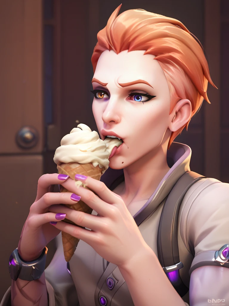 score_9, score_8_up, score_7_up,score_6_up, 2.5d, highly detailed,1girl, medium shot, moiraow2, moira (overwatch) ,heterochromia, purple arm, eating an ice cream <lora:MoiraOW2-000035:.8>