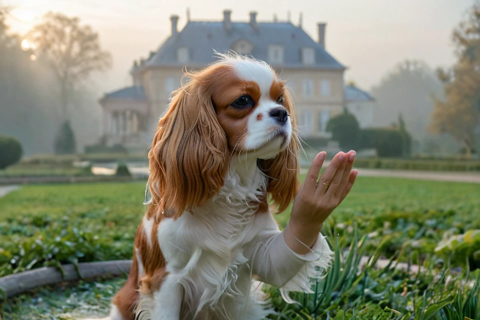 <lora:Noble_Dogs_XL_CKCS_E27:0.9>  NOBLEDOGS_CKCS, remarkable ultra-realistic portrait of an elegant victorian mature woman woman who is playing with (cavalier person spaniel dog:1.3) in early morning noble garden in front of foggy French landscape with luxurious mansion in background fog, woman presenting her artistic hands which have anatomically correct five fingers BREAK ([(3d game concept with ground made of voronoi-shaped prismatic voxels:1.2) : ultra-realistic organic shapes with wet surface and reflections :0.42]:1.4), art by mooncryptowow, (dreamy natural morning light with rim lighting and soft focus and light leaks with shallow dof and swirly bokeh, view from_below, low angle view:1.1), (masterpiece, award winning artwork), many details, extreme detailed, remarkable