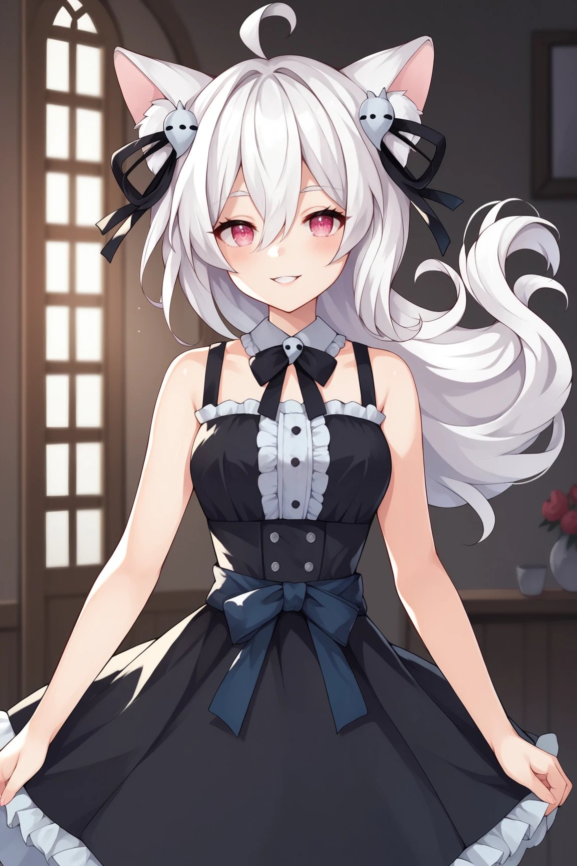 score_9, score_8_up, score_7_up, score_6_up, score_5_up, score_4_up, PookyBooVTXL, pink eyes, white hair, long hair, hair between eyes, ahoge, animal ears, (hair ornament:1.2), black dress, bare shoulders, (sleeveless:1.2), skirt, black ribbon, (black ribbon on waist:1.2), standing, looking at viewer, seductive smile, indoors <lora:PookyBooVTXL:0.7>