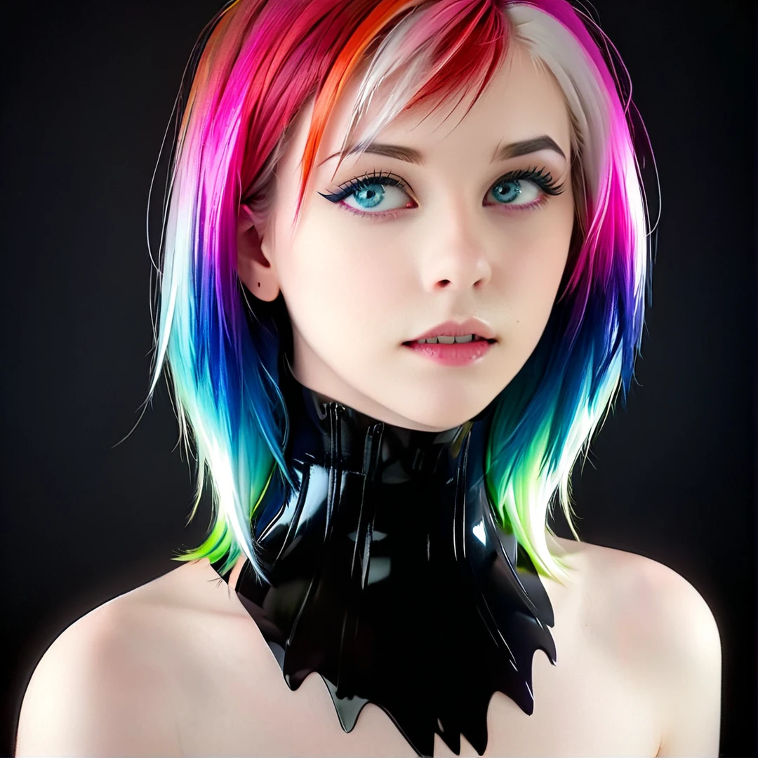 <lora:neckcorset_v2:0.75> pale skinned young emo goth girl with multicolored hair and blue eyes,, Masterpiece;highly detailed; extreme,octane render, zbrush, blender, 3d,post-processing,HDR; lightning; volumetric; cinematic; ray tracing; RTX;radiant light rays,subsurface scattering,soft edge lighting,realistic shadows;vibrant colors,high-res, 8k,16k,32k,Playful shadows dance across her face,