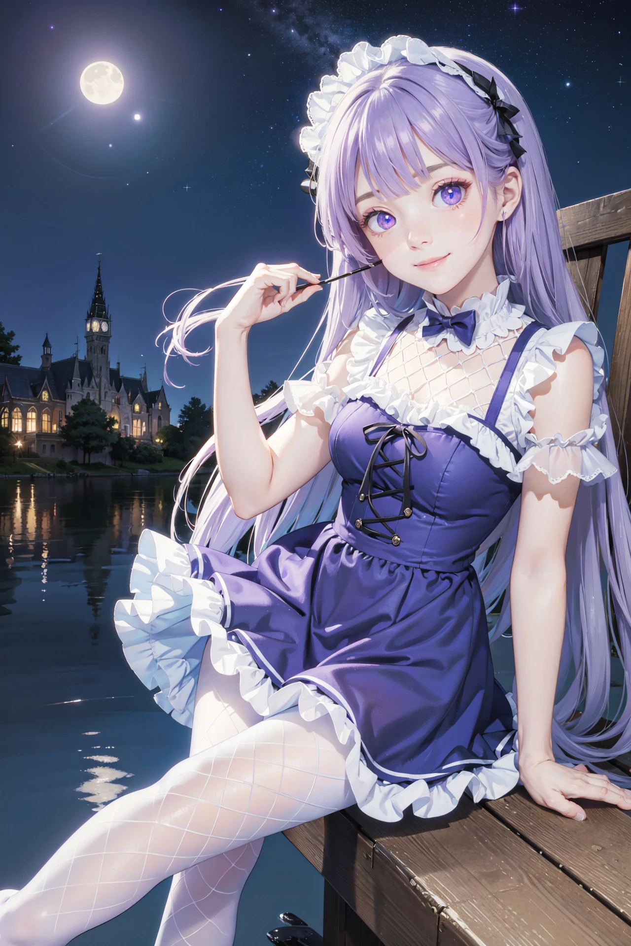 ((best quality, masterpiece, absurbres, super-resolution))
lineart, kawaii, 1girl, from below,
dutch angle, Violet dress,
moonlight, outdoors, night, starry sky, lake,
(white fishnet pantyhose), high heels
