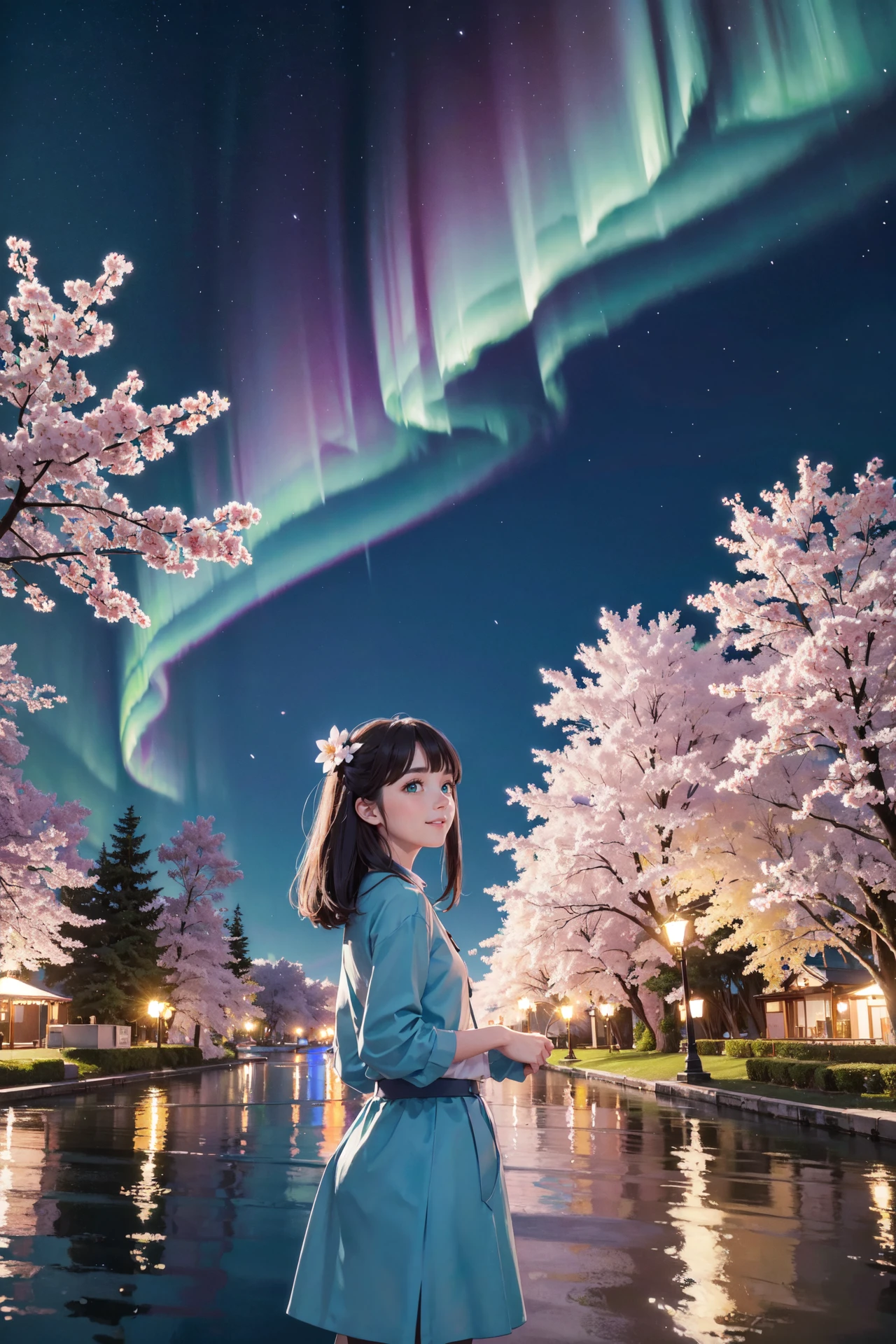 ((best quality, masterpiece, absurbres, super-resolution)) 1 girl, Unreal, Aurora in the sky, Night time, Sakura tree blossoming