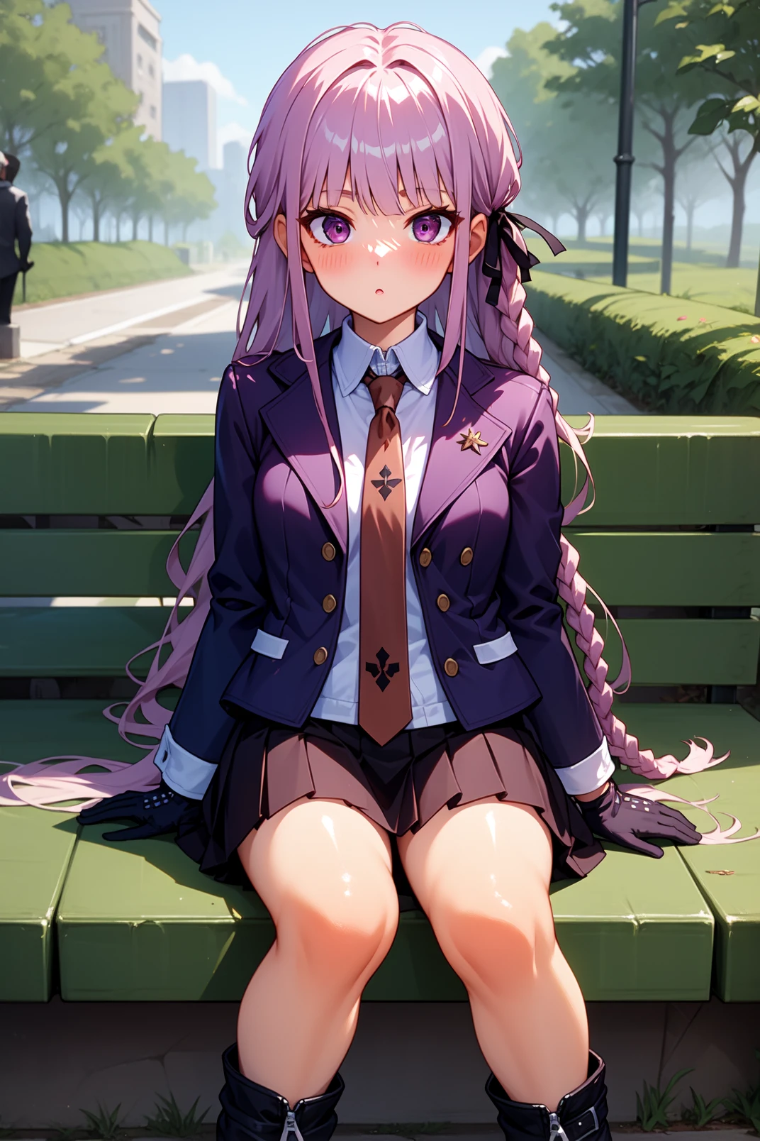 solo, masterpiece, best quality, outdoors, street, looking at viewer, :o, closed mouth, blush, kyoko, purple eyes, purple hair, long hair, blunt bangs, braid, black ribbon, hair ribbon, purple jacket, long sleeves, collared shirt, brown necktie, purple skirt, pleated skirt, black gloves, boots, sitting, bench