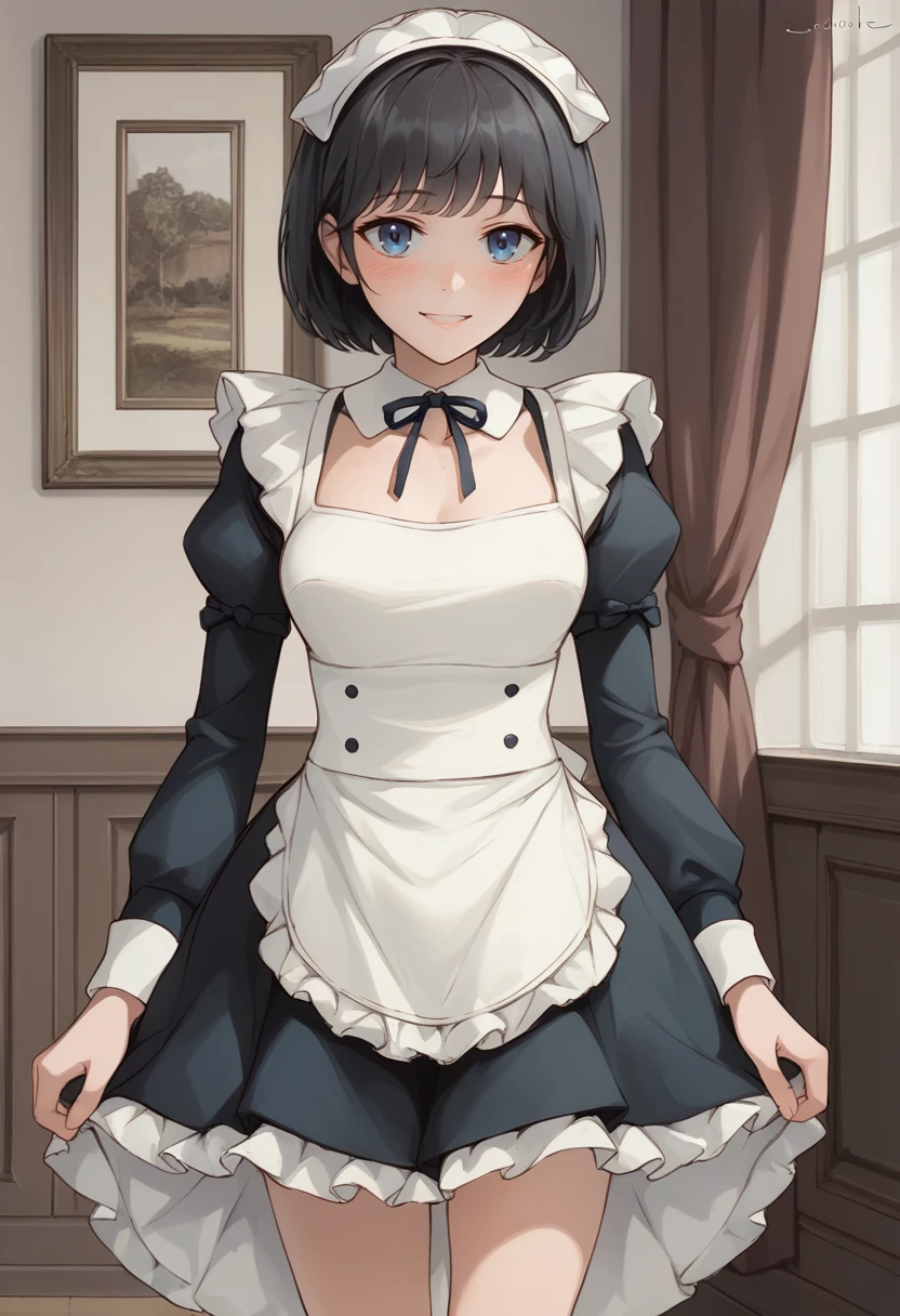 score_9, score_8_up, score_7_up, source_anime BREAK 1girl, solo, <lora:chowbie-artist-richy-v1_pdxl:1> standing, black hair, bob cut, blue eyes, maid, standing, indoors, smile, blush