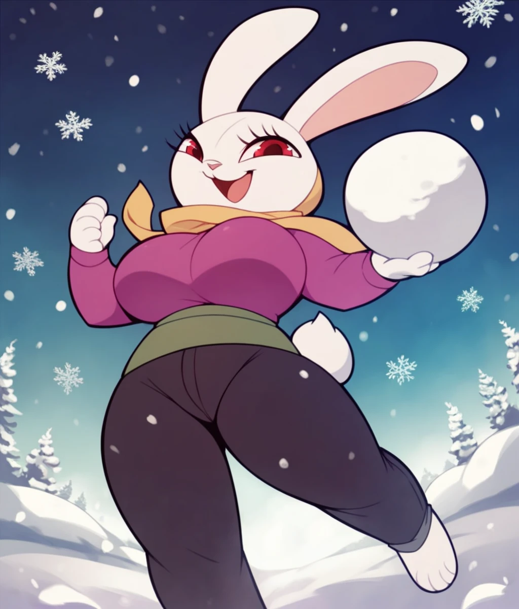Score_9,score_8_up,score_7_up,score_6_up,score_5_up,score_4_up,1girl,solo,furry,bunny,red eyes,longeyelashes,big breasts,curvy,no humans,white skin,rabbit_tail,yellow scarf,purple_shirt,green_sash,black pants,looking at viewer,holding snowball,battle,snowball fight,crazy smile,open mouth,happy,snowing,snowfield,cartoonized,<lora:Role_Mother_rabbit:0.9>,