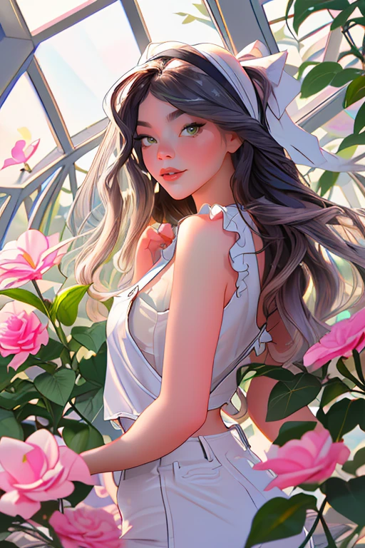 DEN_mialuna_OF,
in a giant glass green house filled with exotic flowers and plants wearing overalls and a bandana walking through the flowers, arboretum, green house, glass, plants, flowers,
bokeh, f1.4, 40mm, photorealistic, raw, 8k, textured skin, skin pores, intricate details <lora:epi_noiseoffset2:1>, epiCRealism <lora:ClothingAdjuster3:-1>