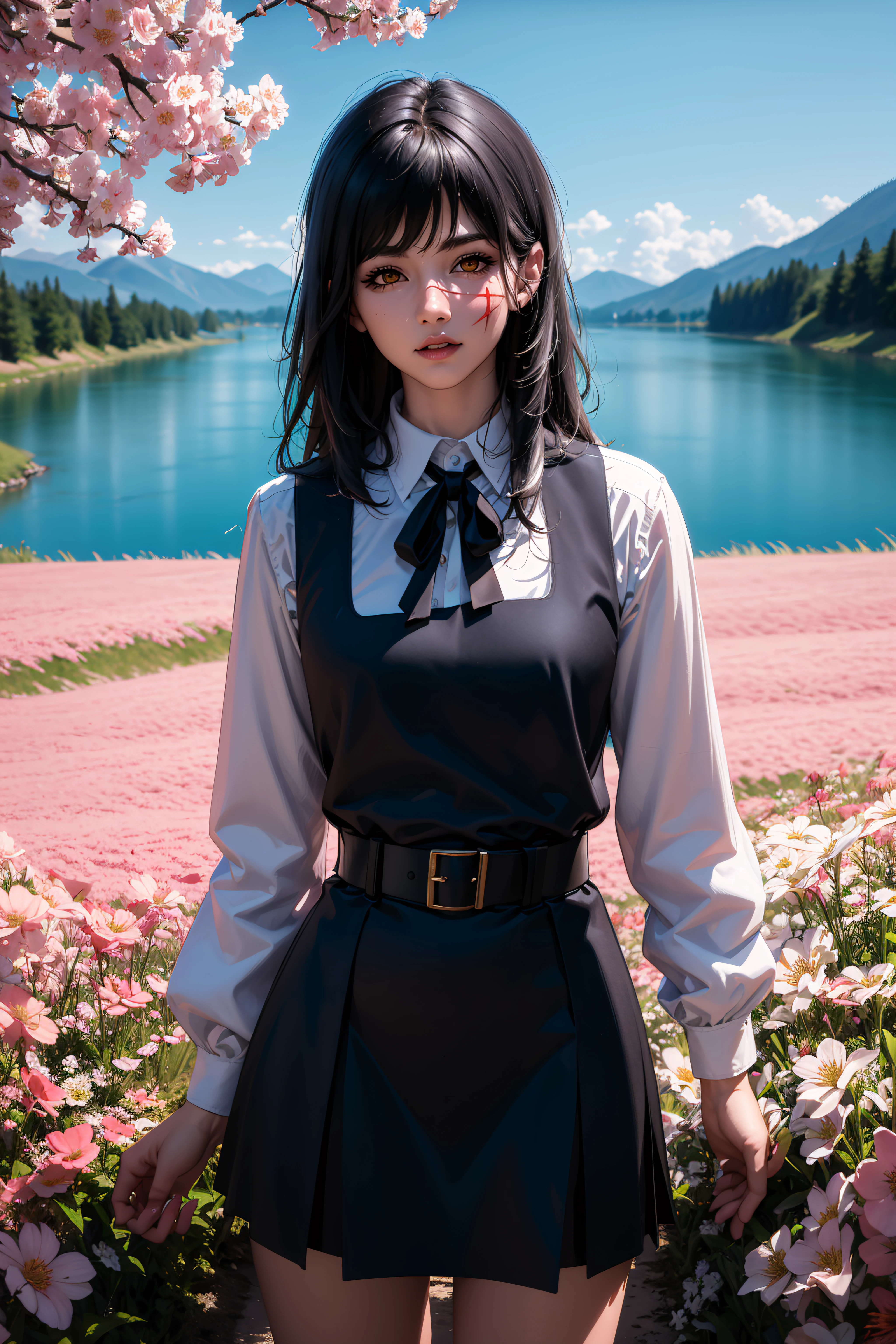 ((masterpiece)),(highres:1.1),4k , 8k,HD,(ultra detailed),vivid colors,lights, sharp focus,ray tracing, HDR, ,perfect lighting,best quality, depth of field,looking at viewer,bright,shiny skin, (lights:0.8), 3d,lighting, glistening shiny, glowing light,neon lighting,
yorudef, shirt, long sleeves, dress, ribbon, school uniform, yellow eyes, white shirt, collared shirt, belt, black ribbon, neck ribbon, scar on face, black belt, belt buckle, pinafore dress, scar on nose,
flowers, flower field,blue sky, cherry blossom, lake river, grassland, mountains,