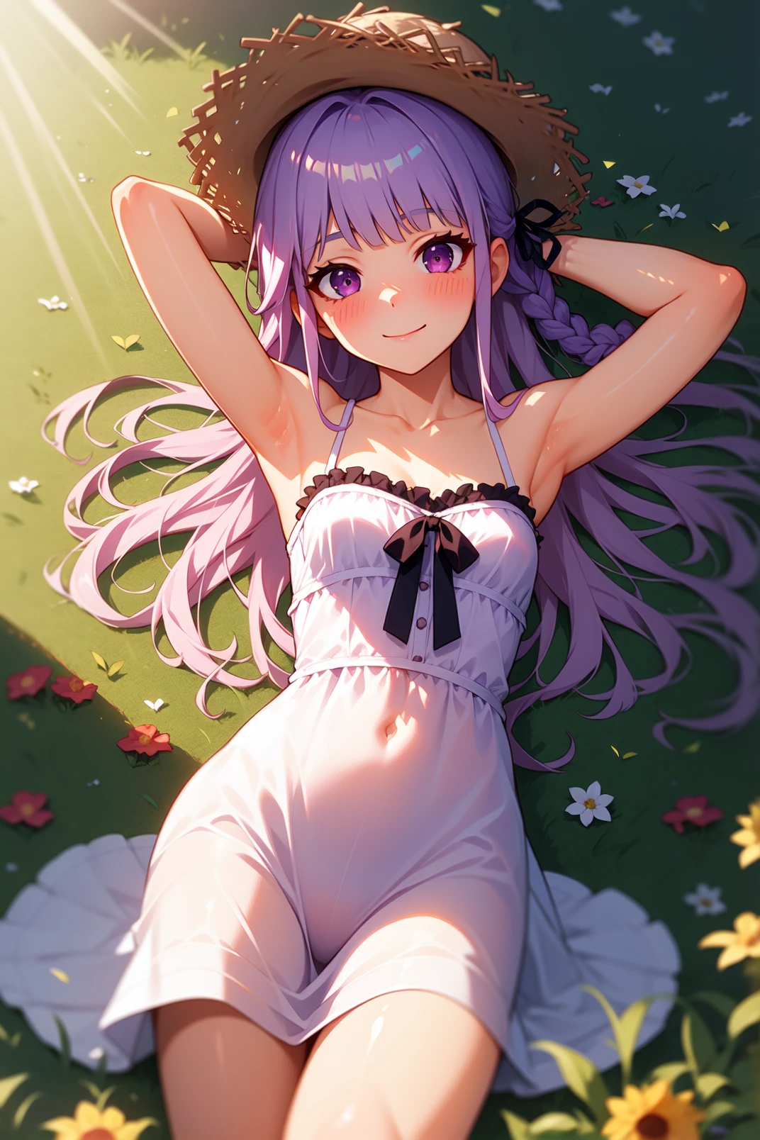 solo, masterpiece, best quality, outdoors, garden, cowboy shot, looking at viewer, smile, closed mouth, blush, kyoko, purple eyes, purple hair, long hair, blunt bangs, braid, black ribbon, hair ribbon, sundress, white dress, frilled dress, frills, lying, on back, grass, arms behind head, straw hat, nature 