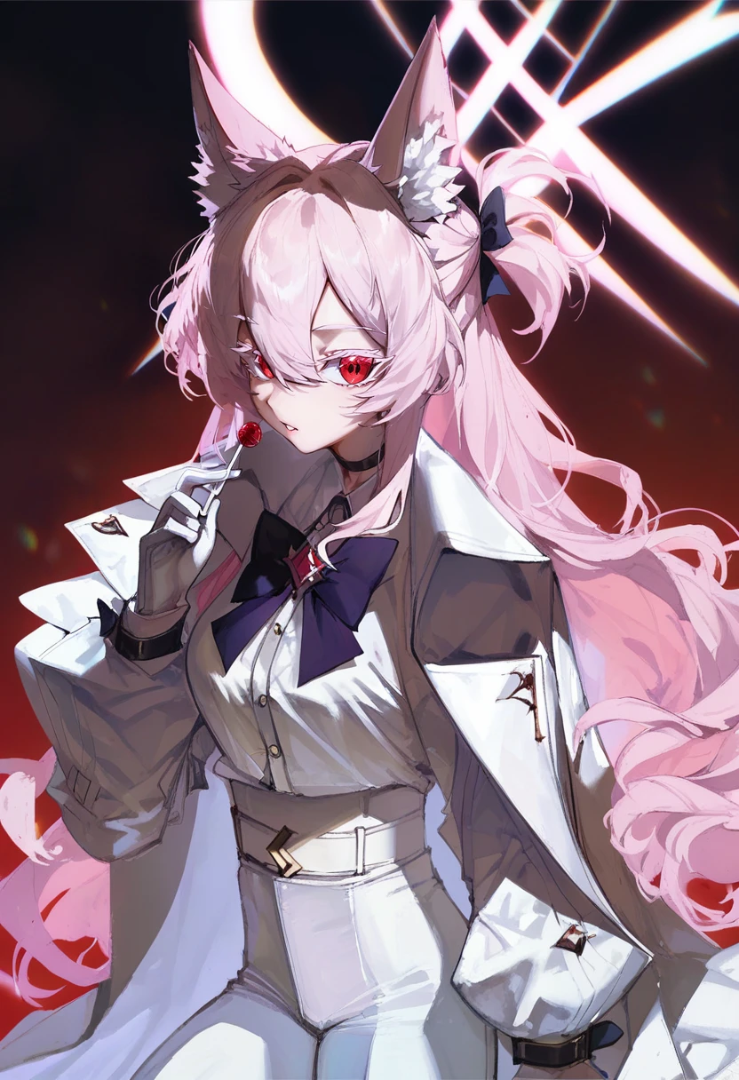score_9, score_8_up, score_7_up, score_6_up, <lora:QUASARCAKEXL_P6_lokr_V42310:0.95> 1girl, solo, animal ears, white pants, halo, long hair, pants, white gloves, red eyes, gloves, colored eyelashes, food, holding, animal ear fluff, lollipop, shirt, choker, white shirt, cat ears, black choker, candy, white belt, looking at viewer, belt, white hair, long sleeves, bow, black bow, holding food, bowtie, high-waist pants, holding candy, shirt tucked in, hair between eyes, holding lollipop, coat, black bowtie, white coat, jewelry, cape, pink hair, parted lips, hand up, coat on shoulders, white cape