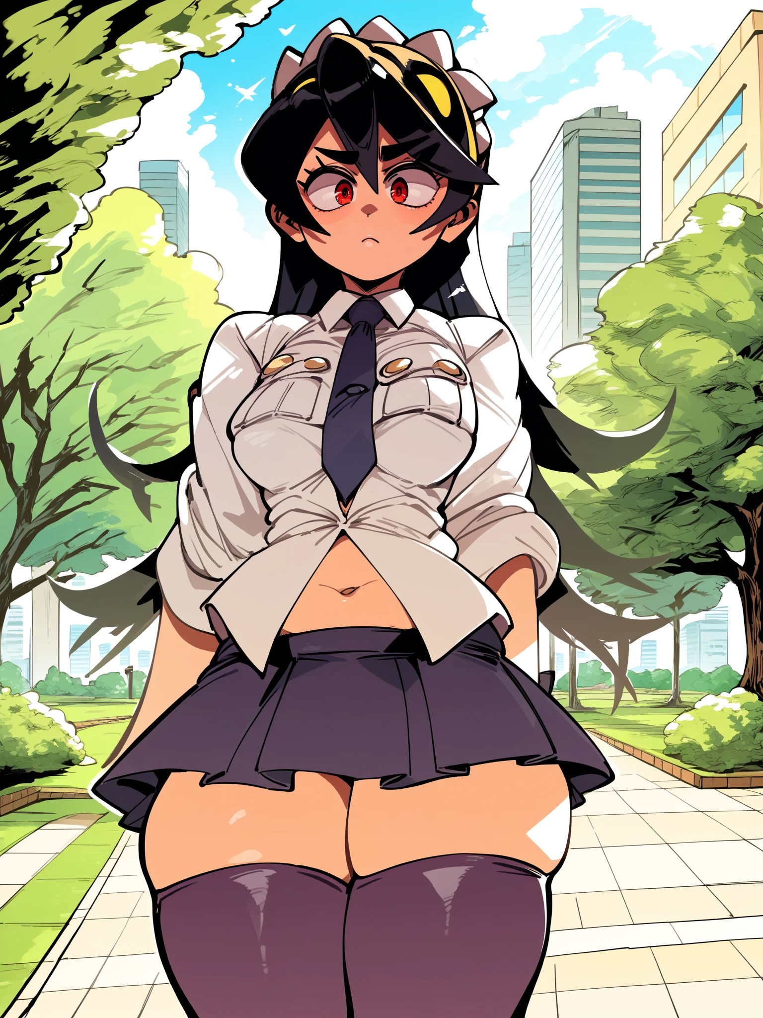 score_9, score_8_up, score_7_up, score_6_up, score_5_up, score_4_up, rating_safe, 
BREAK
filia, 1girl, school uniform, thighhighs, necktie, black thighhighs, pleated skirt, thighs, zettai ryouiki, thick thighs, prehensile hair, navel, white shirt, park, cityscape, 