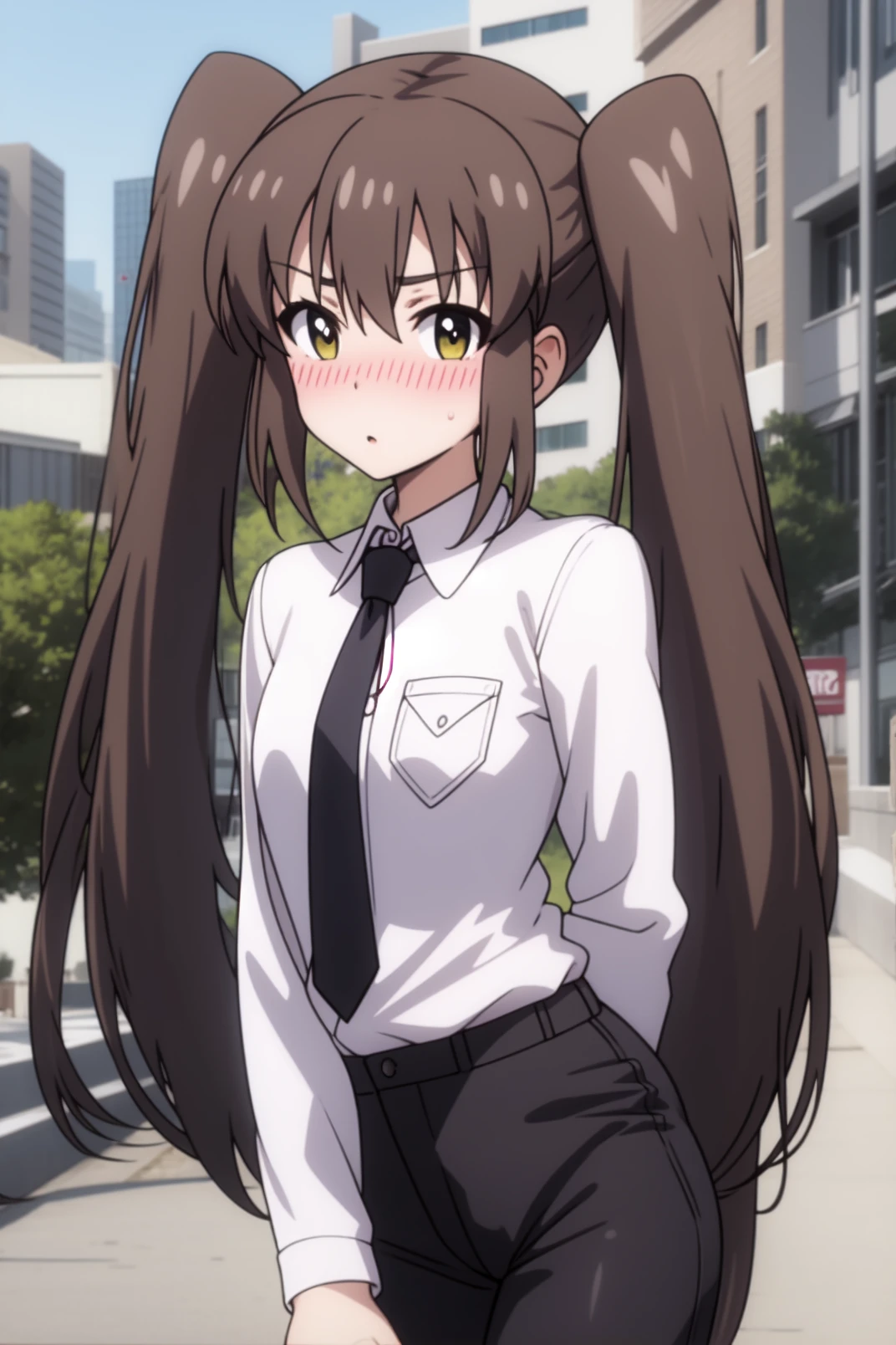  solo, masterpiece, best quality, outdoors, street, looking at viewer, :o, closed mouth, blush, moa, yellow eyes, brown hair, long hair, twintails, collared shirt, black necktie, long sleeves, black pants, waist pants 