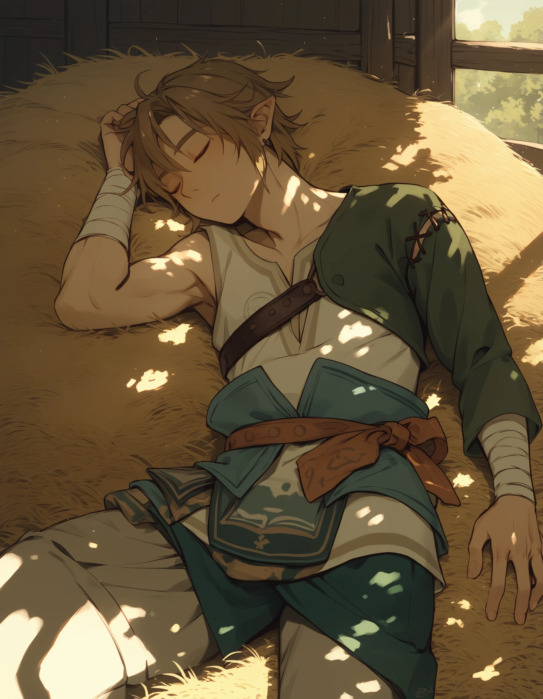 score_9, score_8_up, score_7_up, score_8, score_7, 1boy, tprdnlnk, asymmetrical sleeves,
sleeping, stable, hay, zzz,
sunlight, light particles, dappled sunlight,
<lora:tp_ordon_link_tprdnlnk_ponyxl_v1-000130:0.9>