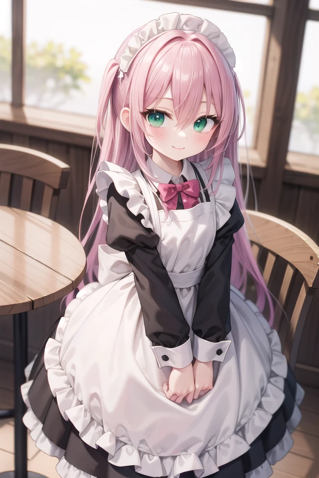 insanely detailed, absurdres, ultra-highres, ultra-detailed, best quality,
1girl, solo, nice hands, perfect hands
BREAK
(cleavage:-1.5),
(classical maid:1.2),
apron, blush, bow, bowtie, frilled apron, frills, long sleeves, maid, maid apron, maid headdress, waist apron, white apron,
(maid costume, maid hair dress:1.3), long skirt
BREAK
happy smile, laugh, closed mouth
BREAK
from above,
standing, cowboy shot, looking at viewer
BREAK
slender, kawaii, perfect symmetrical face, ultra cute girl, ultra cute face, ultra detailed eyes, ultra detailed hair, ultra cute, ultra beautiful
BREAK
in coffee shop, indoors, depth of field, ultra detailed background
BREAK
medium breasts
BREAK
(pink hair, dark green eyes), long hair, hair between eyes