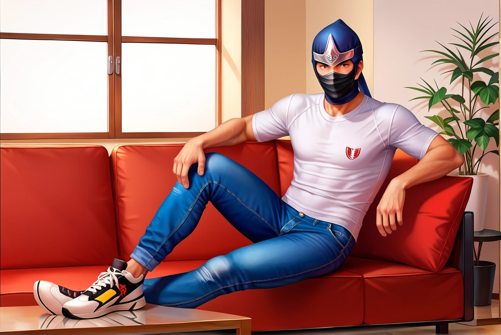 score_9, score_8_up, score_7_up, score_6_up, Detailed Background, BREAK
<lora:Hanzo_Hattori_Samurai_Warriors:0.5>, hanz0, 1boy, mask, helmet, male focus, ninja, BREAK
white tee shirt, blue jeans, sneakers, sitting on couch, living room, window,