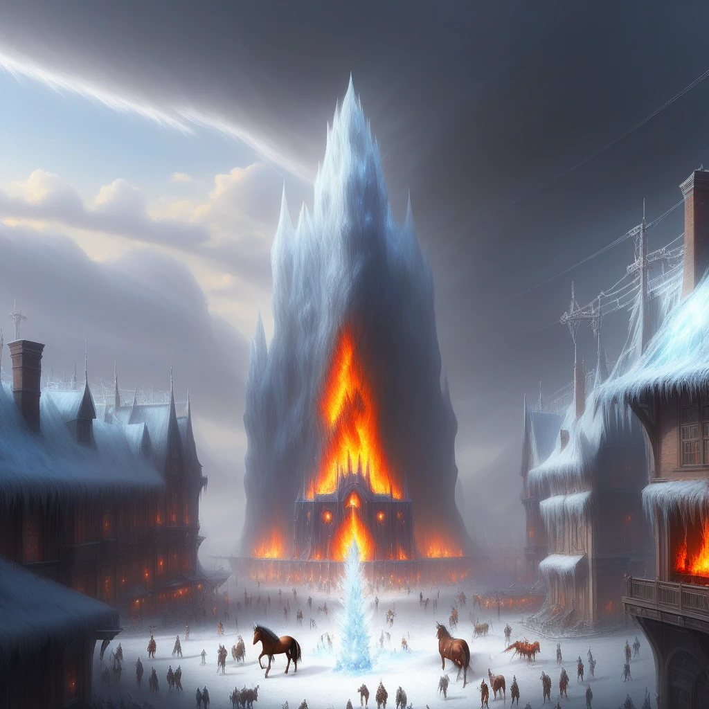 outdoors, fire, snow, fantasy, no humans, ice, electricity, horse, cloudy sky