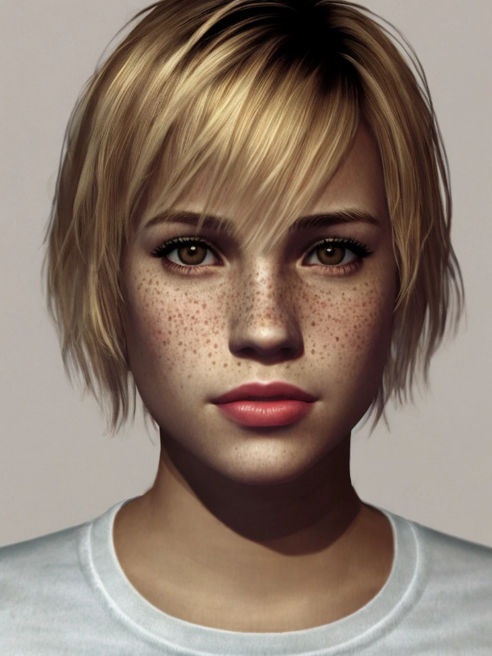 heathersh3, 1girl, blonde hair, short hair, freckles, brown eyes, lips, young,  portrait, clouse up, (sharp, masterpiece, photoreal, detailed, high quality, realistic), tshirt, wristband, filmgrain, noise, <lora:SH3_Heather_Manson_by_vinrax:1>