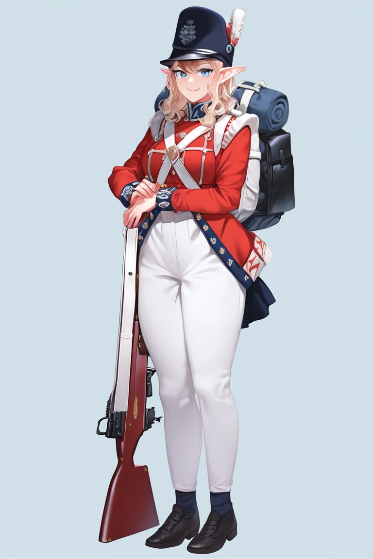 score_9,score_8_up,score_7_up,artbook,game cg,1girl,solo,military_uniform,uniform,standing,hat,epaulettes,military,white_pants,red_jacket,shako hat,rifle,white pants,napoleonera,regiment of foot,redcoat,musket,red and white hackle,red and white plume,blonde long wavy hair,blue eyes,smug, light smile, large breasts,wide hips,narrow waist,elf,pointy ears,backpack,<lora:redcoatXLv1:1>,<lora:Koume_Keito_PonyXL_dim32:0.8:lbw=0.8,0,0,0,0,0,0.8,0.8,0.8,0.8,0.8,0.75>,