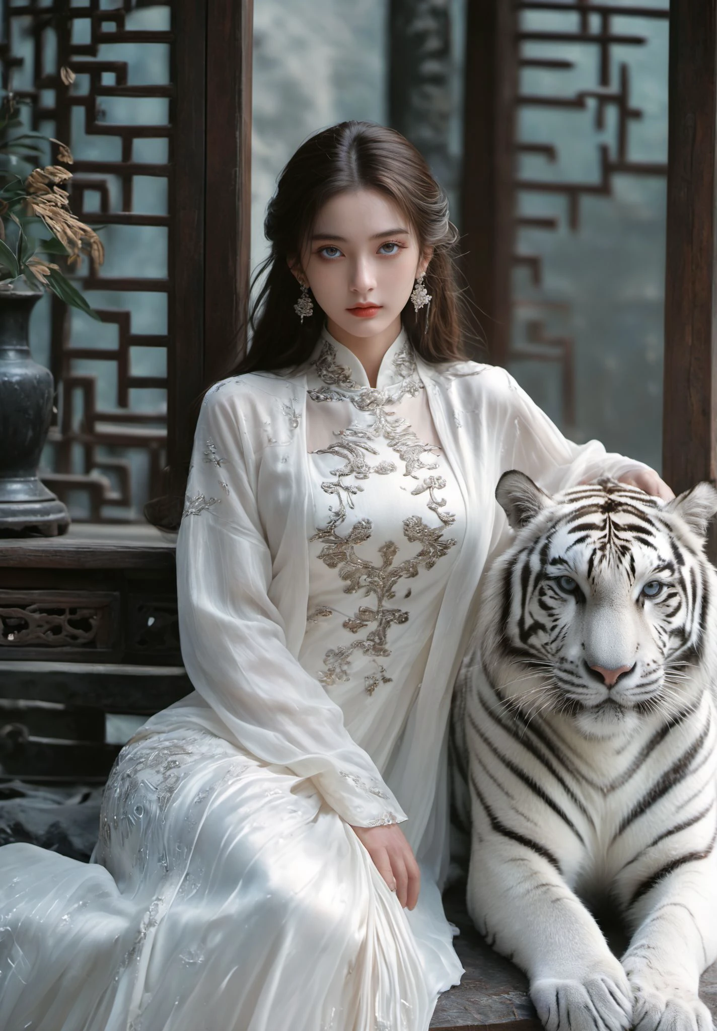 (8k, RAW photo, highly detailed,masterpiece, highest quality),rich colors,high contrast,film still,full shot body photo of the most beautiful artwork in the world,cinematic light,fantasy,highres,
xuer White tiger,1girl,solo,long hair,looking at viewer,blue eyes,brown hair,black hair,long sleeves,dress,jewelry,sitting,closed mouth,earrings,indoors,white dress,animal,watermark,chinese clothes,realistic,tiger,white tiger,
<lora:~Q? sNN\q xuer White tiger:0.7>,