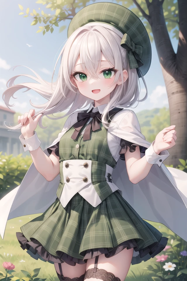 insanely detailed, absurdres, ultra-highres, ultra-detailed, best quality,
1girl, solo, nice hands, perfect hands
BREAK
((gothic dress, Idol costume):1.3), (green and white theme:1.2), (white blouse:1.4), ((white collar, tie):1.3), (open short-cape:1.3), (short sleeve:1.2), (green tartan-check pattern (ruffle-skirt, multilayer-skirt):1.4), (white basque-beret with ribbon:1.3), (Fishnet stockings:1.3), (glove:1.2), (cleavage:-1.5)
BREAK
happy smile, laugh, open mouth
BREAK
standing, cowboy shot, looking at viewer
BREAK
slender, kawaii, perfect symmetrical face, ultra cute girl, ultra cute face, ultra detailed eyes, ultra detailed hair, ultra cute, ultra beautiful
BREAK
in forest, depth of field, ultra detailed background
BREAK
medium large breasts
BREAK
orange hair, green eyes, braid, hair between eyes