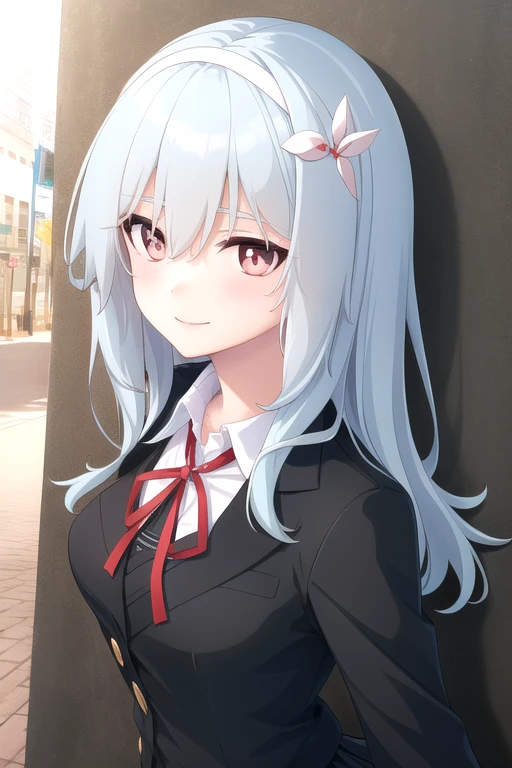 ((masterpiece)),(best quality),official art,extremely delicate and beautiful,extremely detailed CG,unity 8k wallpaper,ultra detailed,beautiful detailed eyes,extremely detailed face,outdoors,1girl,solo,upper body,(portrait:1.5),looking at viewer,facing viewer,smile,(petite:1.2),Karakuchi Hibana,long hair,light blue hair,hair ornament,white hairband,hair intakes,sidelocks,hair between eyes,red eyes,school uniform,black jacket,blazer,neck ribbon,red ribbon,white shirt,collared shirt,dress shirt,buttons,medium breasts,long sleeves,large breasts,miniskirt,black skirt,pleated skirt,frilled skirt,black pantyhose,loafers,<lora:Karakuchi Hibana(kahd)>,