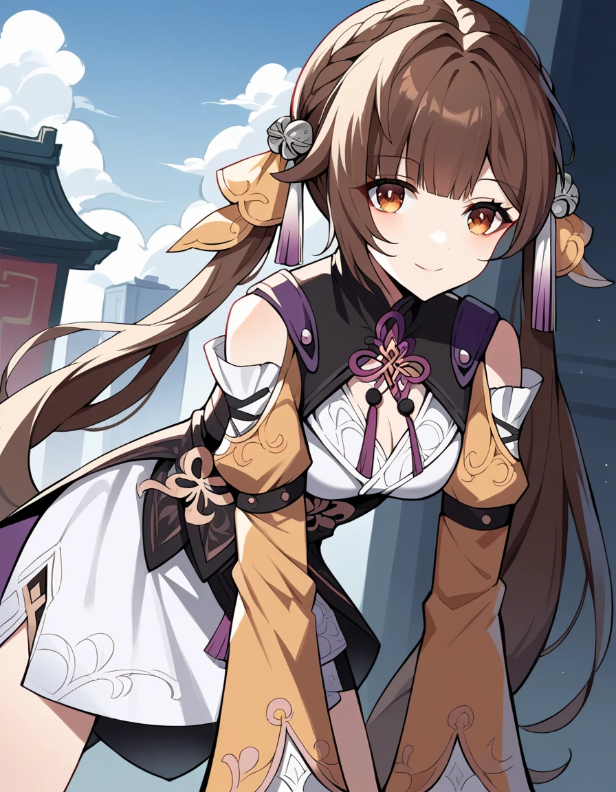score_9, score_8_up, score_7_up, source_anime,
sushang, <lora:honkai-sushang-ponyxl-lora-nochekaiser:1>,
sushang, long hair, bangs, brown hair, brown eyes, twintails, hair ornament,
gloves, long sleeves, dress, black gloves, chinese clothes, china dress, white dress,
outdoors, cityscape, bent over, smile,
solo, dutch angle, looking at viewer, cowboy shot,