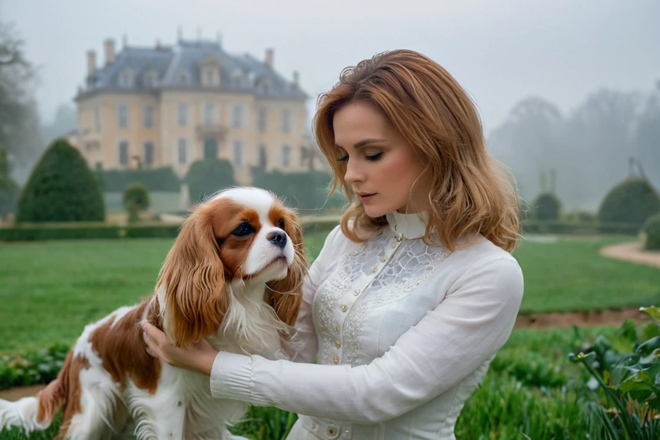 <lora:Noble_Dogs_XL_CKCS_E27:0.9>  NOBLEDOGS_CKCS, remarkable ultra-realistic portrait of an elegant victorian mature woman woman who is playing with (cavalier person spaniel dog:1.3) in early morning noble garden in front of foggy French landscape with luxurious mansion in background fog, woman presenting her artistic hands which have anatomically correct five fingers BREAK ([(3d game concept with ground made of voronoi-shaped prismatic voxels:1.2) : ultra-realistic organic shapes with wet surface and reflections :0.42]:1.4), art by mooncryptowow, (dreamy natural morning light with rim lighting and soft focus and light leaks with shallow dof and swirly bokeh, view from_below, low angle view:1.1), (masterpiece, award winning artwork), many details, extreme detailed, remarkable