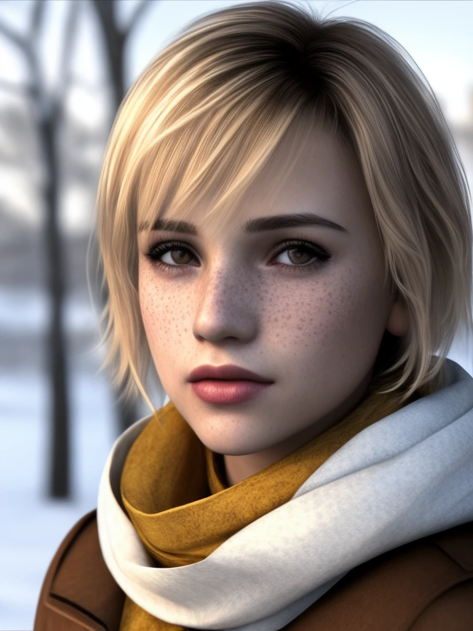 heathersh3, 1girl, blonde hair, short hair, freckles, brown eyes, lips, young, portrait, clouse up, (sharp, masterpiece, photoreal, detailed, high quality, realistic), winter jacket, scarf, winter bg, filmgrain, noise, <lora:SH3_Heather_Manson_by_vinrax:1>