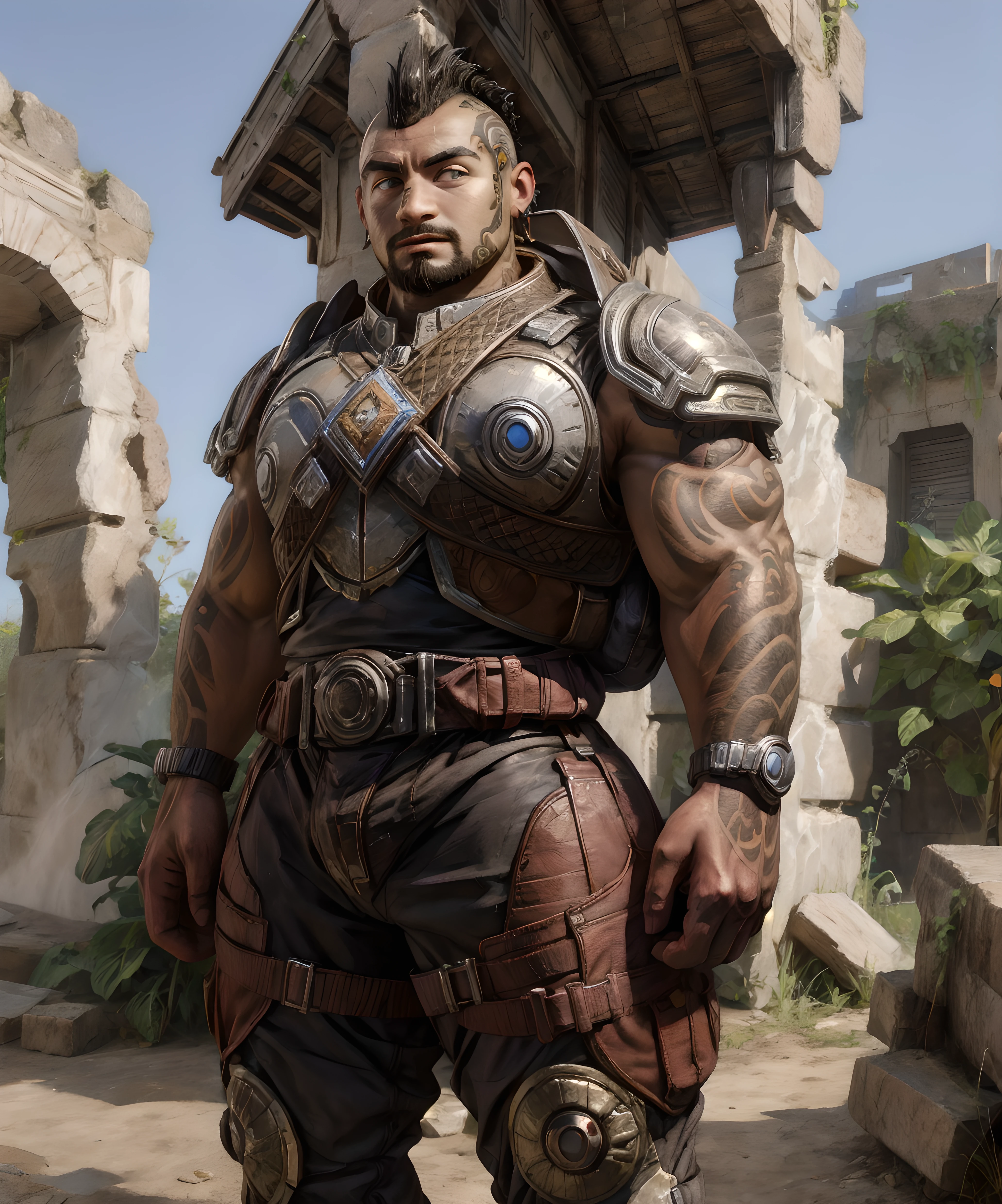 <lora:Tai_Kaliso:0.8> tai_kaliso, armor, standing, looking at viewer, tattoo, muscular, mohawk, beard, ruins