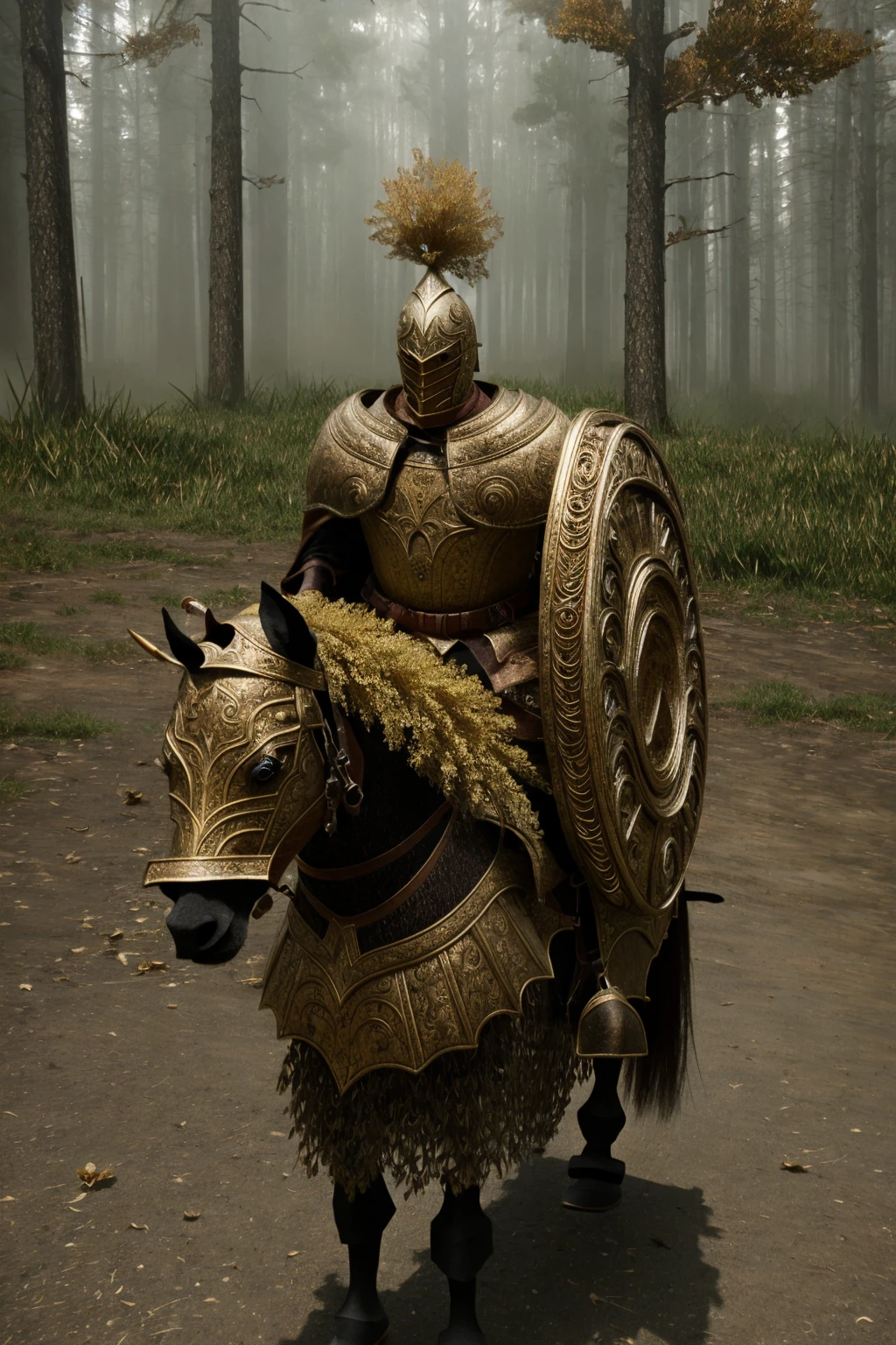 <lora:TreeSentinel1.0:0.8>,faceless,
full armor,cape,helmet,plume,(gauntlets:1.2),holding huge shield,
(riding:1.2),(horse:1.2),single horn,
full body,outdoors,forest,
(masterpiece:1,2),best quality,masterpiece,highres,original,extremely detailed wallpaper,absurdres,deta,
perfect lighting,(extremely detailed CG:1.2),detailed face,beautiful face,(detailed eyes, deep eyes),