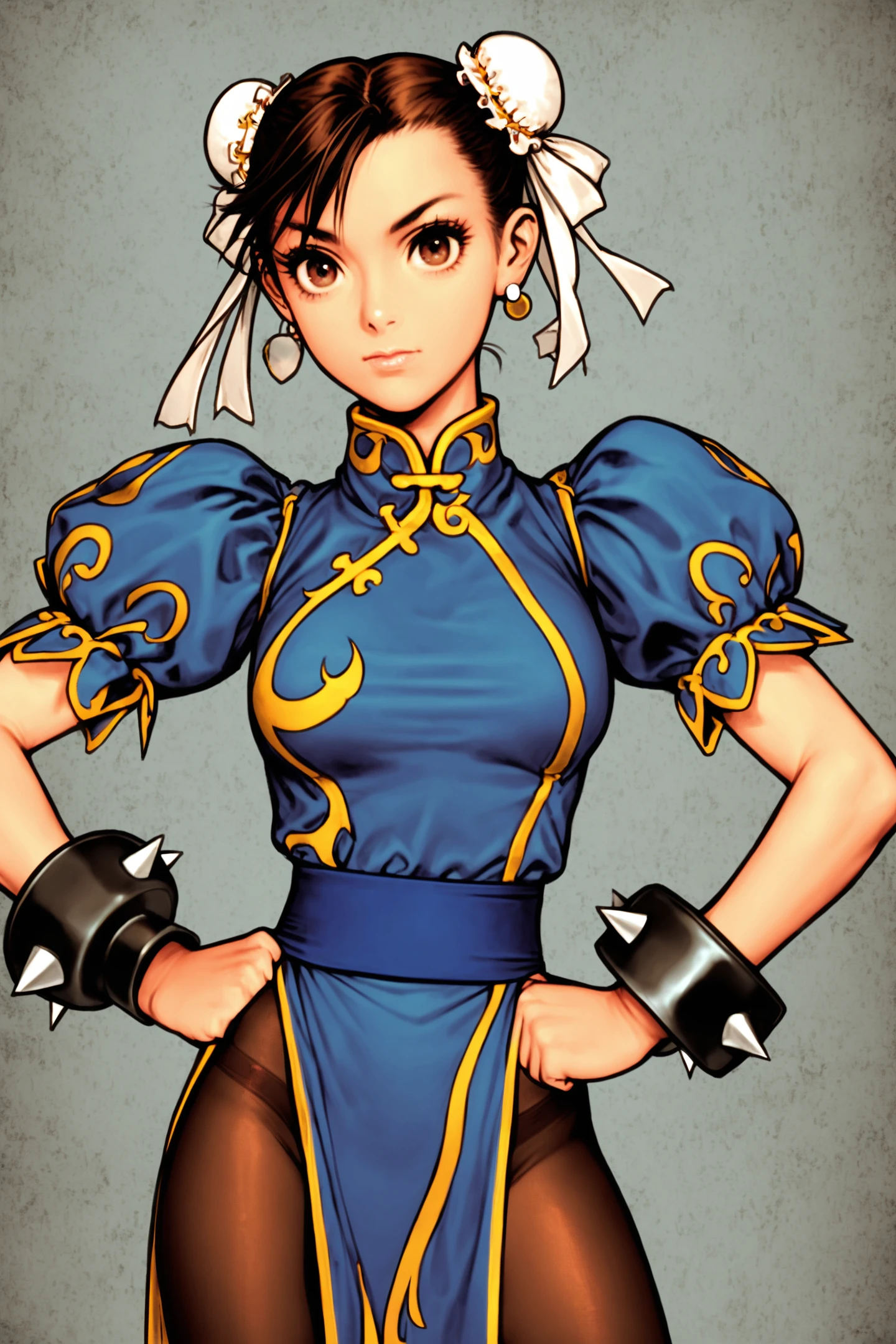1girl,solo,chun-li,chinese clothes,pantyhose,china dress,dress,bun cover,pelvic curtain,double bun,hair bun,sash,spiked bracelet,jewelry,spikes,brown hair,bracelet,boots,brown eyes,hands on hips,earrings,short hair,upper body,
<lora:shinkiro_XL_v2:0.8>,