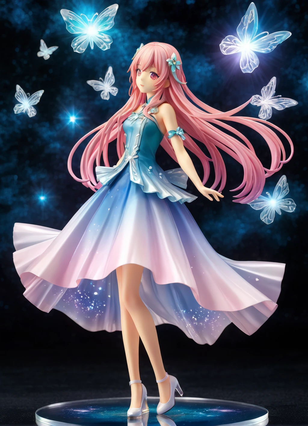 1 girl, anime, masterpiece, fluttered tree hologram ,floating in cosmos, (from side:0.8), (from below:0.9), raising galaxy, best quality, (blue nebula in shape of girl:0.9), (detailed acrylic painting), concept art, intricate detail, lens distortion, highres, (lens flare:0.95), depth of field, (landscape), chaos, raytracing, high contrast, reflective, glossy, ((HDR)), fluttered glowing particles around lake, pose, princess clothes, 3:1, glowing gradient eyes, blush, (thinking), shiny white crystal head accessories, look away from viewer, long shot, ((gradient color)), pose, fluttered elegant dress, fluttered sliver hair, outer realm, tight), <lora:anime_figure_V2:0.6>