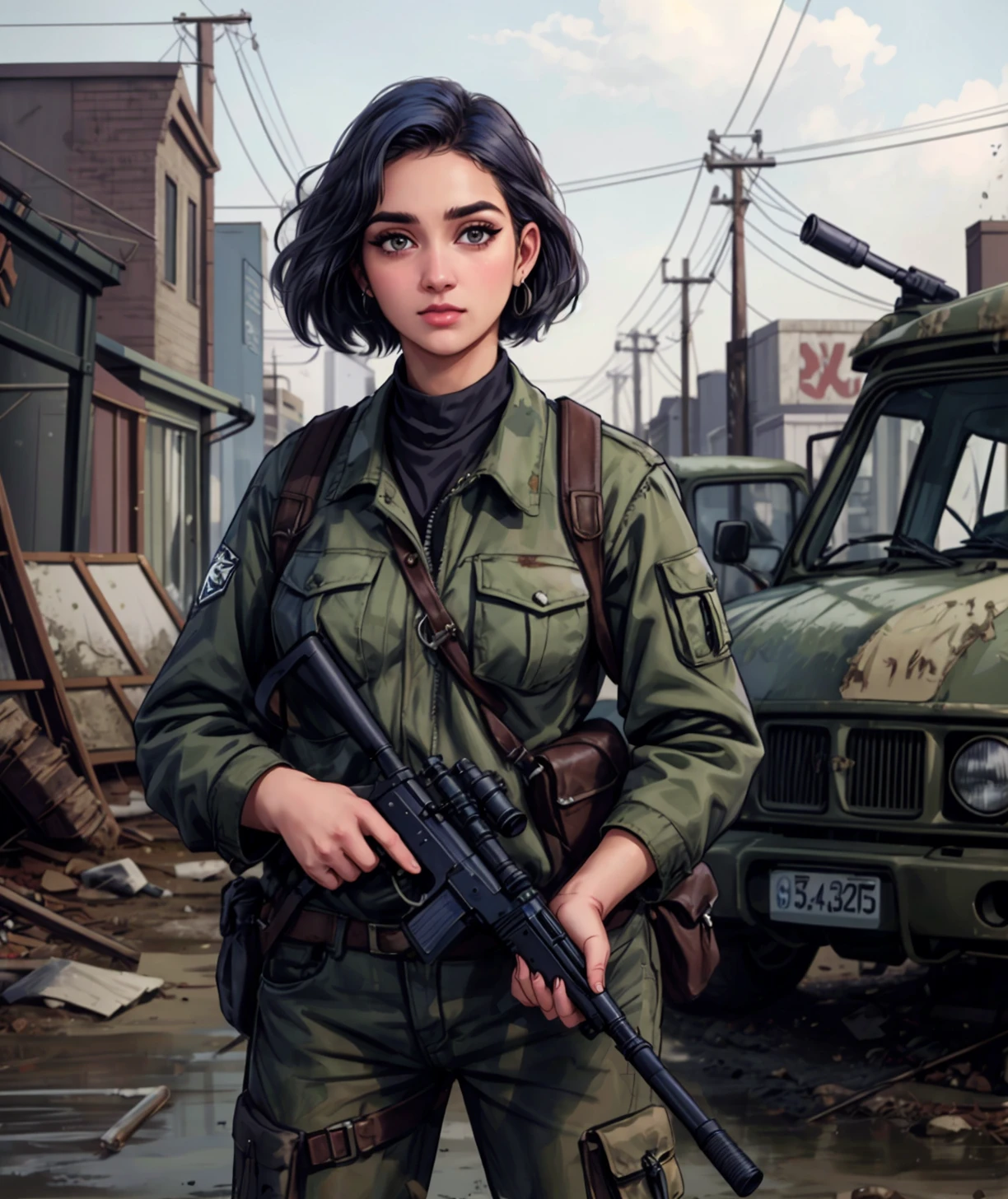 <lora:add_detail:0.5>, retro, best quality, realistic face, post-apocalypse, wasteland, <lora:Viswanathan:0.85>, 1woman holding a rifle, dark blue hair, standing, <lora:goodhands_Beta_Gtonero:0.8>