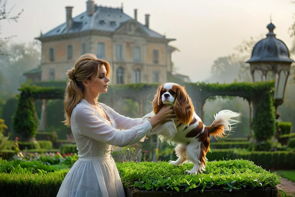 <lora:Noble_Dogs_XL-000025:0.9>  NOBLEDOGS_CKCS, remarkable ultra-realistic portrait of an elegant victorian mature woman woman who is playing with (cavalier person spaniel dog:1.3) in early morning noble garden in front of foggy French landscape with luxurious mansion in background fog, woman presenting her artistic hands which have anatomically correct five fingers BREAK ([(3d game concept with ground made of voronoi-shaped prismatic voxels:1.2) : ultra-realistic organic shapes with wet surface and reflections :0.42]:1.4), art by mooncryptowow, (dreamy natural morning light with rim lighting and soft focus and light leaks with shallow dof and swirly bokeh, view from_below, low angle view:1.1), (masterpiece, award winning artwork), many details, extreme detailed, remarkable