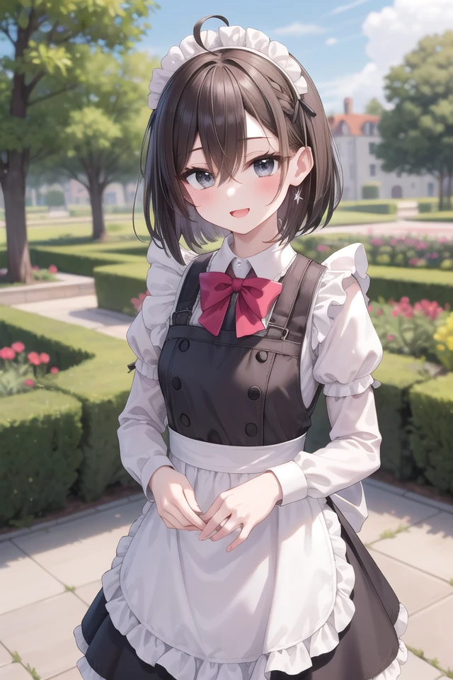 insanely detailed, absurdres, ultra-highres, ultra-detailed, best quality,
1girl, solo, nice hands, perfect hands
BREAK
(cleavage:-1.5),
(traditional maid:1.2),
apron, blush, bow, bowtie, frilled apron, frills, long sleeves, maid, maid apron, maid headdress, waist apron, white apron,
(maid costume, maid hair dress:1.3), long skirt
BREAK
happy smile, laugh, open mouth
BREAK
standing, cowboy shot, looking at viewer
BREAK
slender, kawaii, perfect symmetrical face, ultra cute girl, ultra cute face, ultra detailed eyes, ultra detailed hair, ultra cute, ultra beautiful
BREAK
fantasy world, garden of a castle, depth of field, ultra detailed background
BREAK
medium breasts
BREAK
black brown hair, black eyes, short bob cut, hair between eyes, ahoge