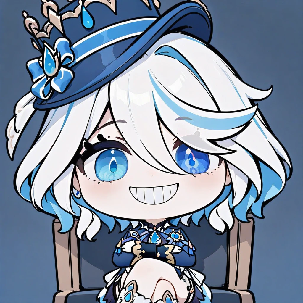 (grin, chibi, teeth),masterpiece, best quality, furina \(genshin impact\),hat,smile, sitting, crossed legs, ,chair,blue footwear,white socks