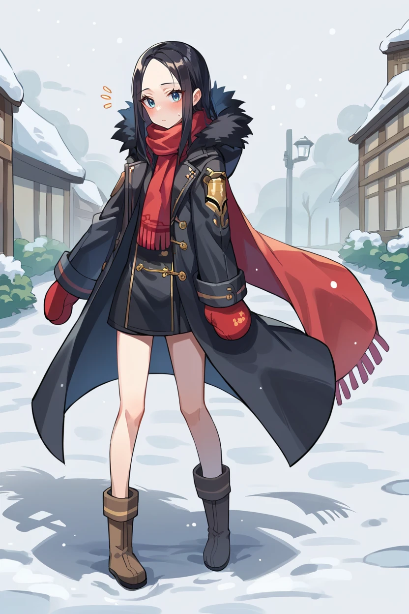 score_9, score_8_up, score_7_up, score_6_up, source_anime BREAK 1girl, solo  <lora:jinsoyun-pdxl-nvwls-v1-000007:1> jinsoyun, black hair, long hair, black coat, long coat, red scarf, boots, mittens, winter, snow, blush