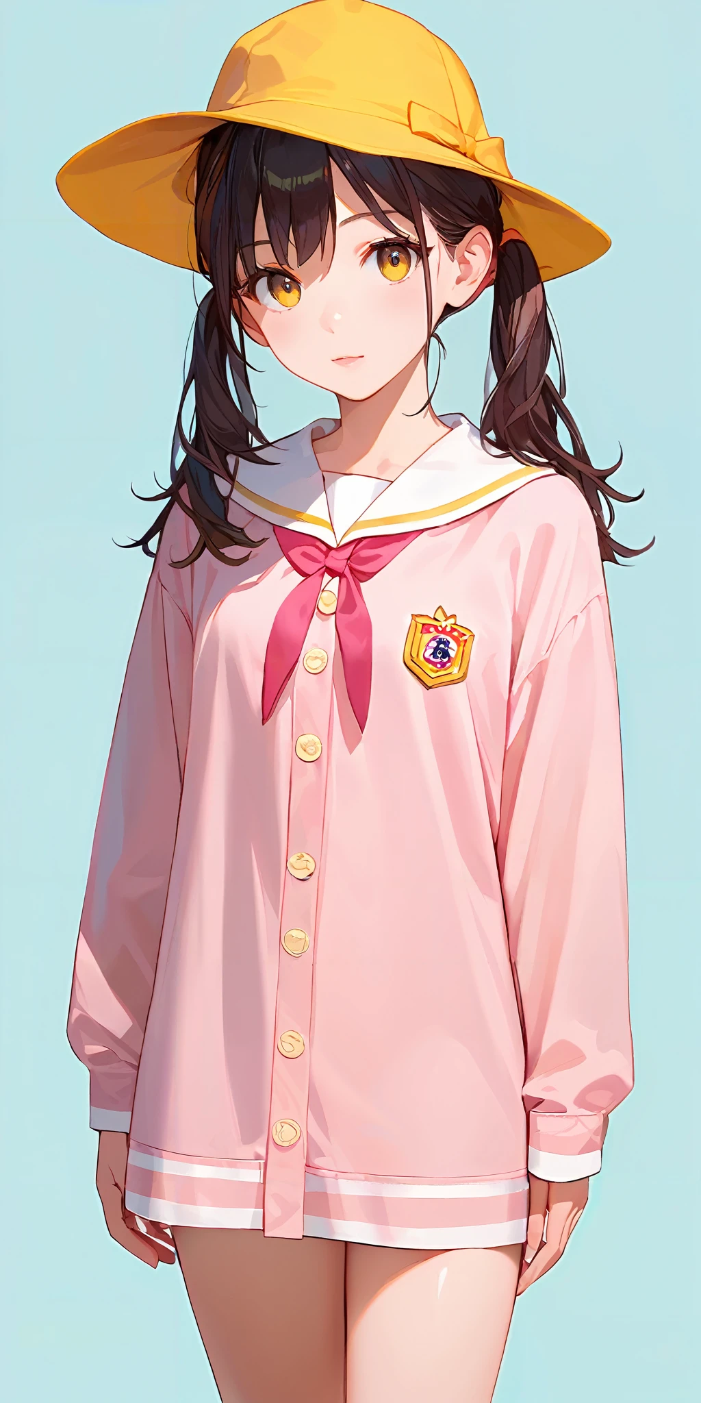 score_9, score_8_up, score_7_up,source_anime, high res image,masterpiece,best quality,girl,cute face,simple background, <lora:youchien_Pony_V1.0:0.7> jyojifuku, pink dress, yellow school hat