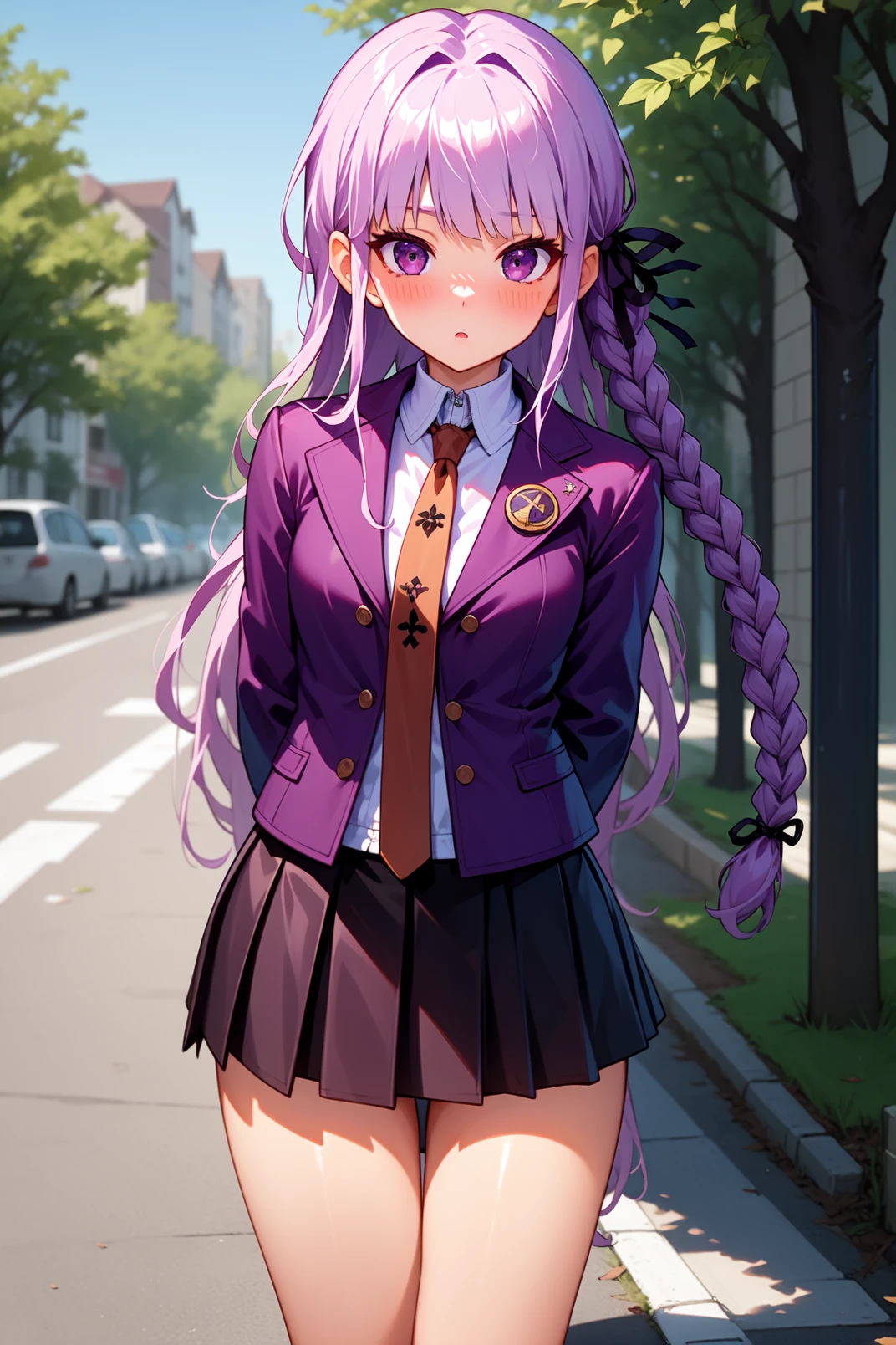 solo, masterpiece, best quality, outdoors, street, looking at viewer, :o, closed mouth, blush, kyoko, purple eyes, purple hair, long hair, blunt bangs, braid, black ribbon, hair ribbon, purple jacket, long sleeves, collared shirt, brown necktie, purple skirt, pleated skirt, arms behind back, standing 