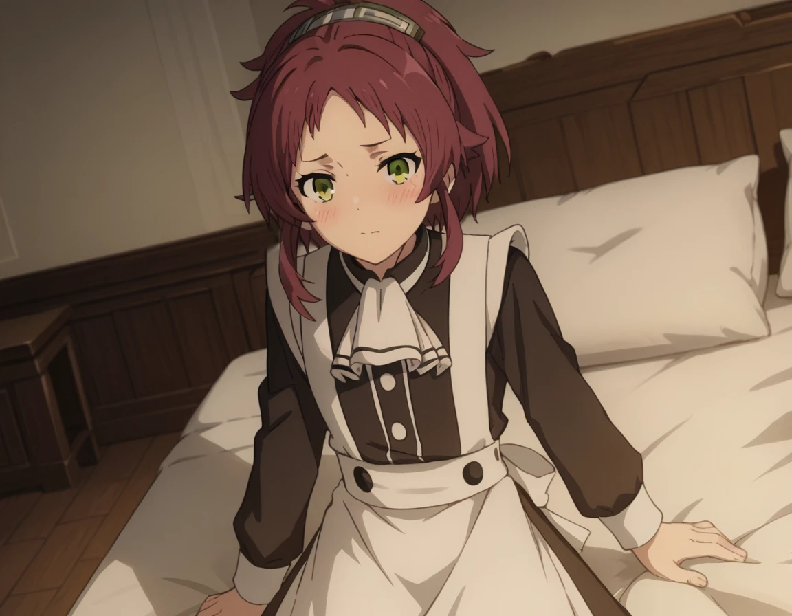 score_9, score_8_up, score_7_up, source_anime,
aishagreyrat, <lora:aisha-greyrat-s2-ponyxl-lora-nochekaiser:1>,
aisha greyrat, green eyes, ponytail, red hair,
long sleeves, apron, maid, ascot, white apron, white ascot,
indoors, bed, bed room, on side, blush, drunk,
solo, dutch angle, looking at viewer, cowboy shot,