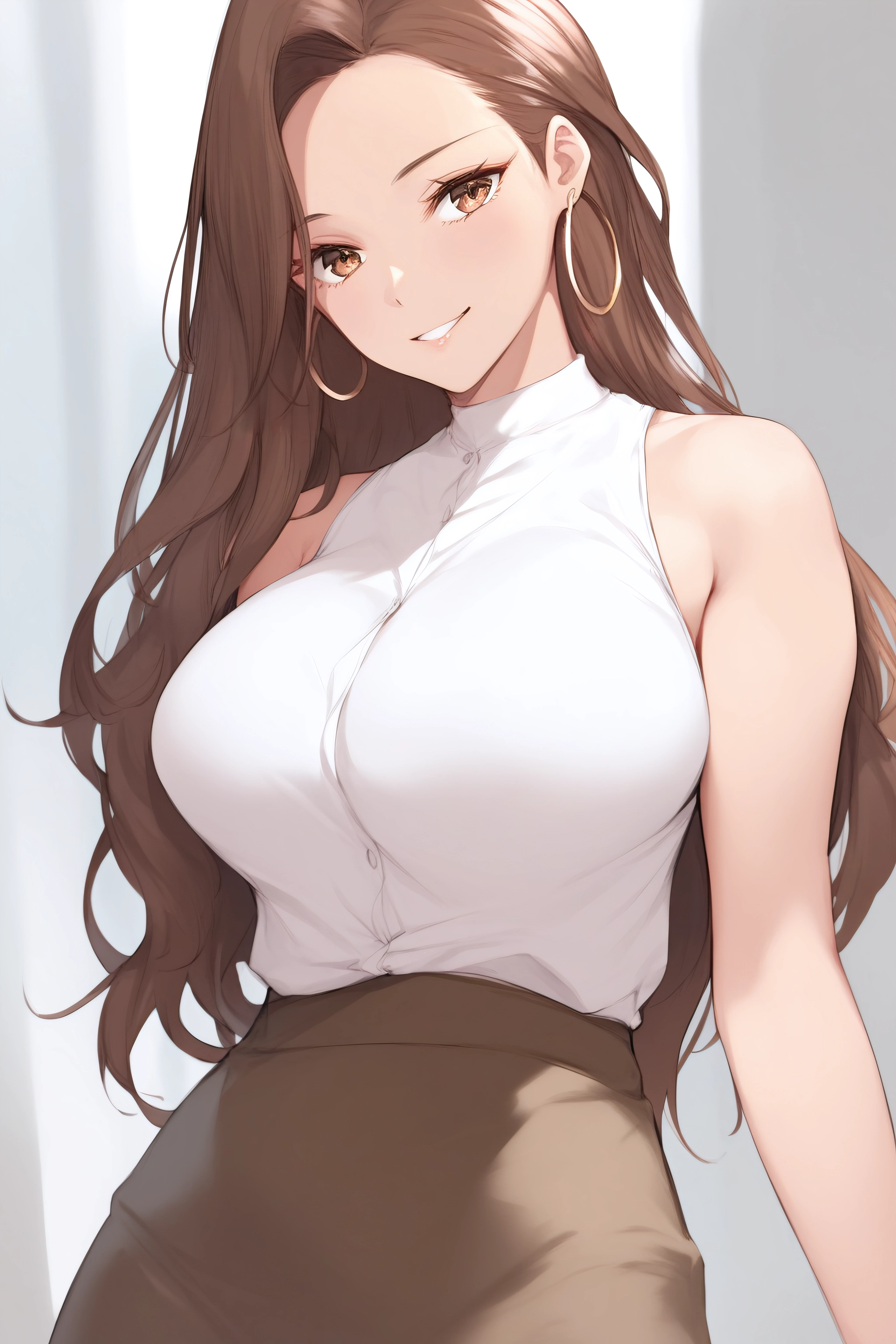 Fraction_9, Fraction_8_up, Fraction_7_up, Dozens of laughs, Brown eyes, Brown hair, Long hair, Large Breasts, Hoop Earrings, White shirt, sleeveless, Brown Skirt,