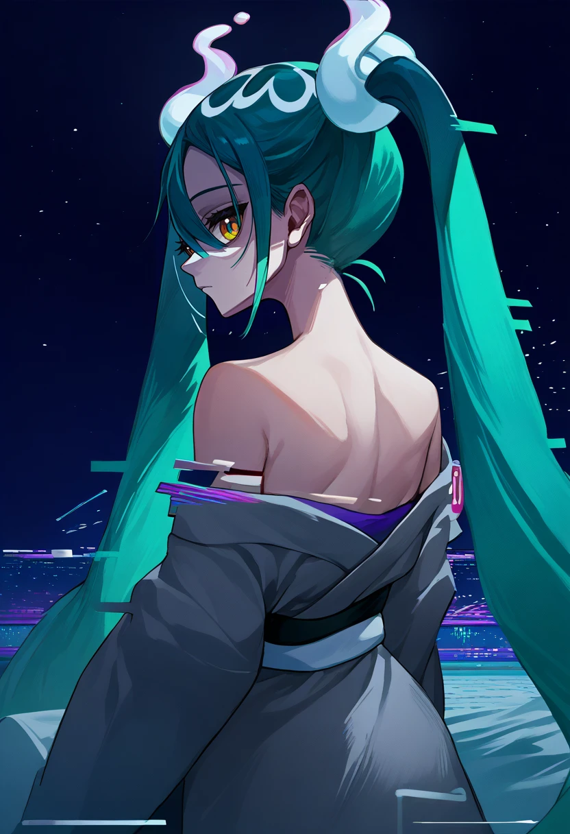 score_9, score_8_up, score_7_up, source_anime, from behind, solo, 1girl, ghostmiku, pale skin, expressionless, looking back, twintails, grey kimono, off shoulder, bare shoulders, glitch, glitching, fireworks <lora:projectvoltage_ghostmiku_ponyXL:1> <lora:GlitchingXL:1>