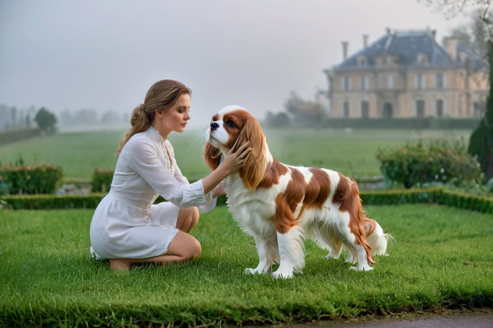 <lora:Noble_Dogs_XL_CKCS_E27:0.9>  NOBLEDOGS_CKCS, remarkable ultra-realistic portrait of an elegant victorian mature woman woman who is playing with (cavalier person spaniel dog:1.3) in early morning noble garden in front of foggy French landscape with luxurious mansion in background fog, woman presenting her artistic hands which have anatomically correct five fingers BREAK ([(3d game concept with ground made of voronoi-shaped prismatic voxels:1.2) : ultra-realistic organic shapes with wet surface and reflections :0.42]:1.4), art by mooncryptowow, (dreamy natural morning light with rim lighting and soft focus and light leaks with shallow dof and swirly bokeh, view from_below, low angle view:1.1), (masterpiece, award winning artwork), many details, extreme detailed, remarkable