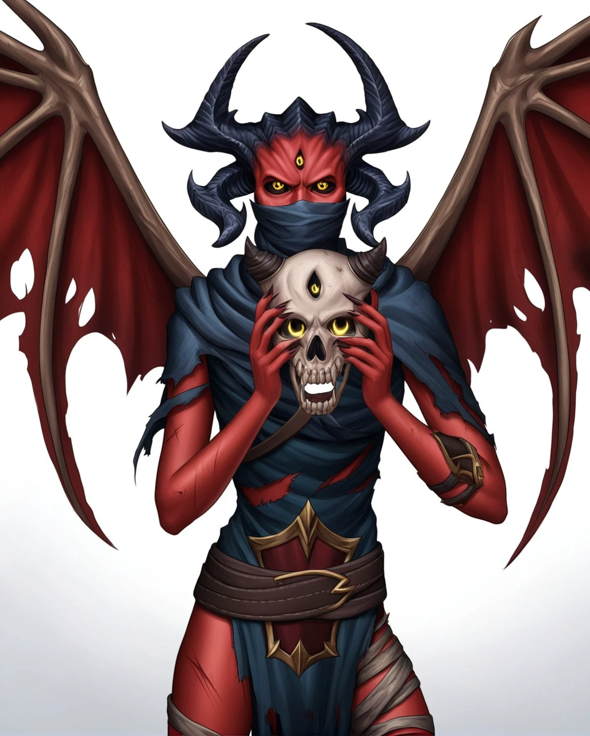 score_8,score_7,source_furry, 
(Masterpiece), (Best Quality), (Hi Res),
<1girl:1.5>,
<solo:2.5>,
unknown_mh, metal_hellsinger, skull, wings, horns, holding skull, holding, white background, solo, red skin, yellow eyes, demon wings, torn clothes, 1girl, simple background, demon horns, demon, female focus, colored skin, looking at viewer, belt, colored sclera
covered mouth,
 <lora:Unknown_Metal_Hellsinger_Pony_SDXL:1> unknown_mh,, dumb,
confused,
teeth,
tongue out,