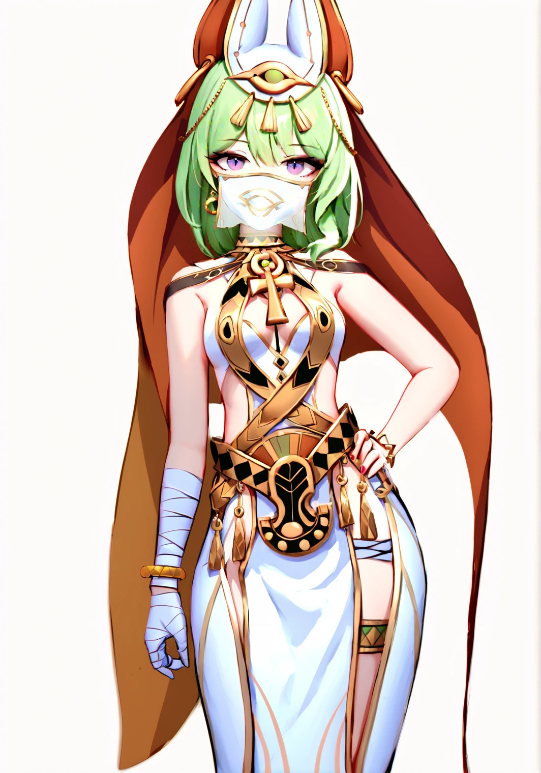 art by komone_ushio, {arsist:chen bin}, [[artist:fkey]], artist:ask (askzy), artist:wlop, artist:reoen, artist:cui (jidanhaidaitang), artist:modare, artist:asakuraf, artist:void_0, artist:miv4t, artist:as109, 
8k, best quality, masterpiece, (ultra-detailed), (high detailed skin), white background, simple background, 
(full body), (white background), standing, looking at viewer, (solo), hand on hip, 
<lora:mobius-kohaku-Tanger-000008:0.8>, mobius, mobius's egyptian clothes, cat ears hood, 1girl, green hair, jewelry, white dress, bracelet, veil, bandages, vertical pupil, purple eyes,, 
beautiful_face, intricate_detail, clear face, 
finely_detailed, fine_fabric_emphasis, 
full_shot,